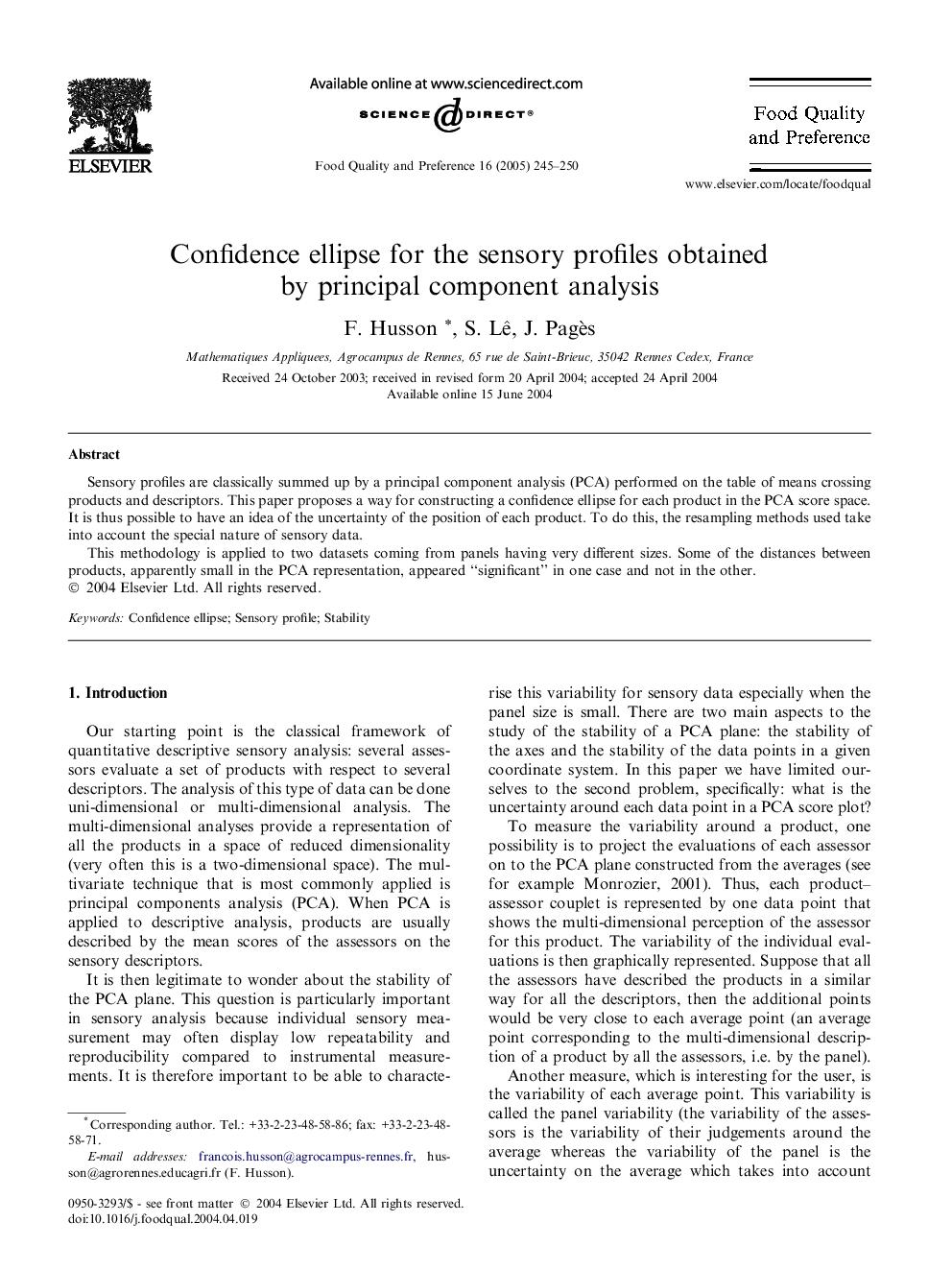 Confidence ellipse for the sensory profiles obtained by principal component analysis