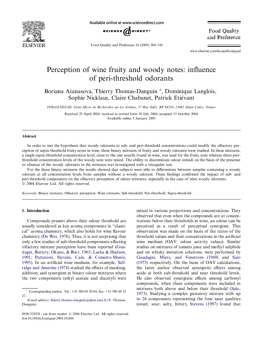 Perception of wine fruity and woody notes: influence of peri-threshold odorants