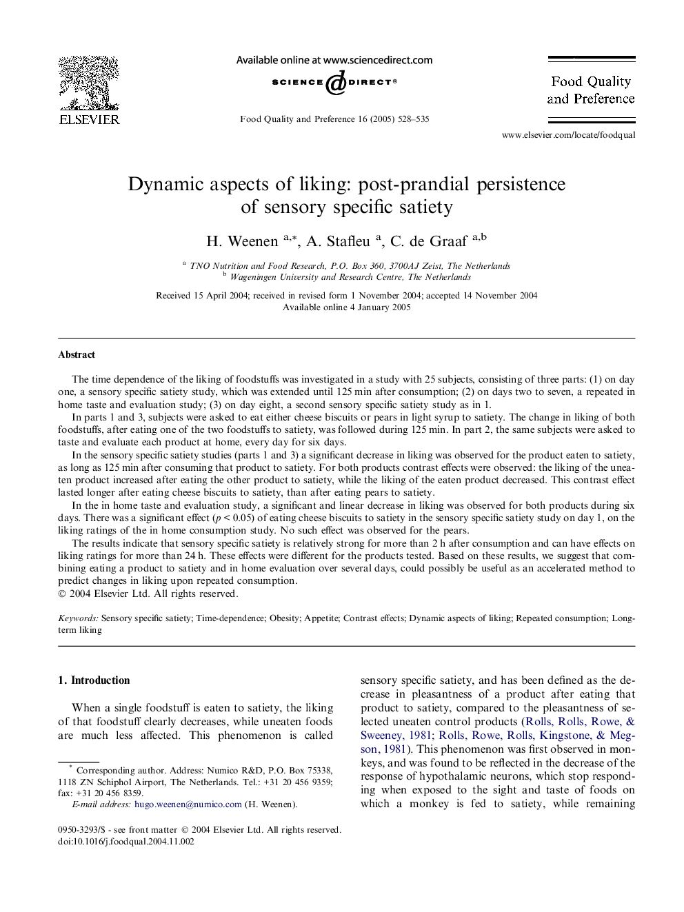 Dynamic aspects of liking: post-prandial persistence of sensory specific satiety