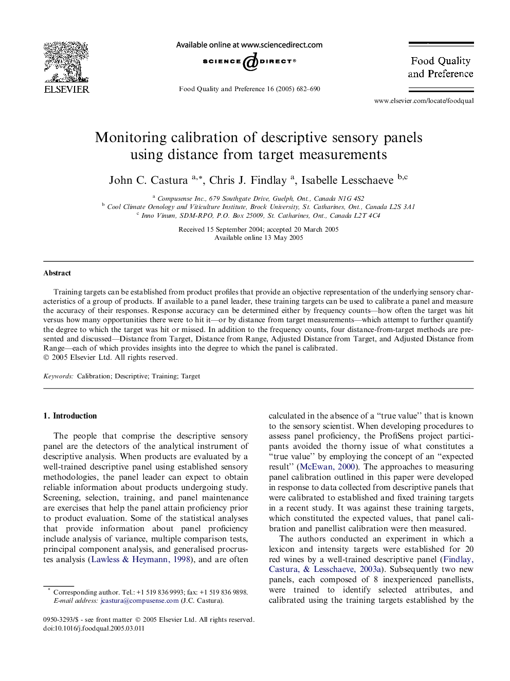 Monitoring calibration of descriptive sensory panels using distance from target measurements