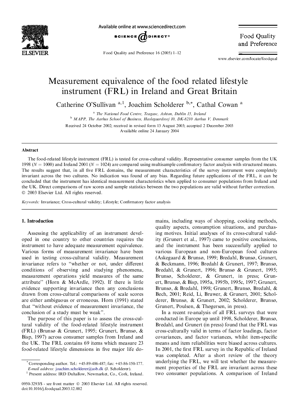 Measurement equivalence of the food related lifestyle instrument (FRL) in Ireland and Great Britain