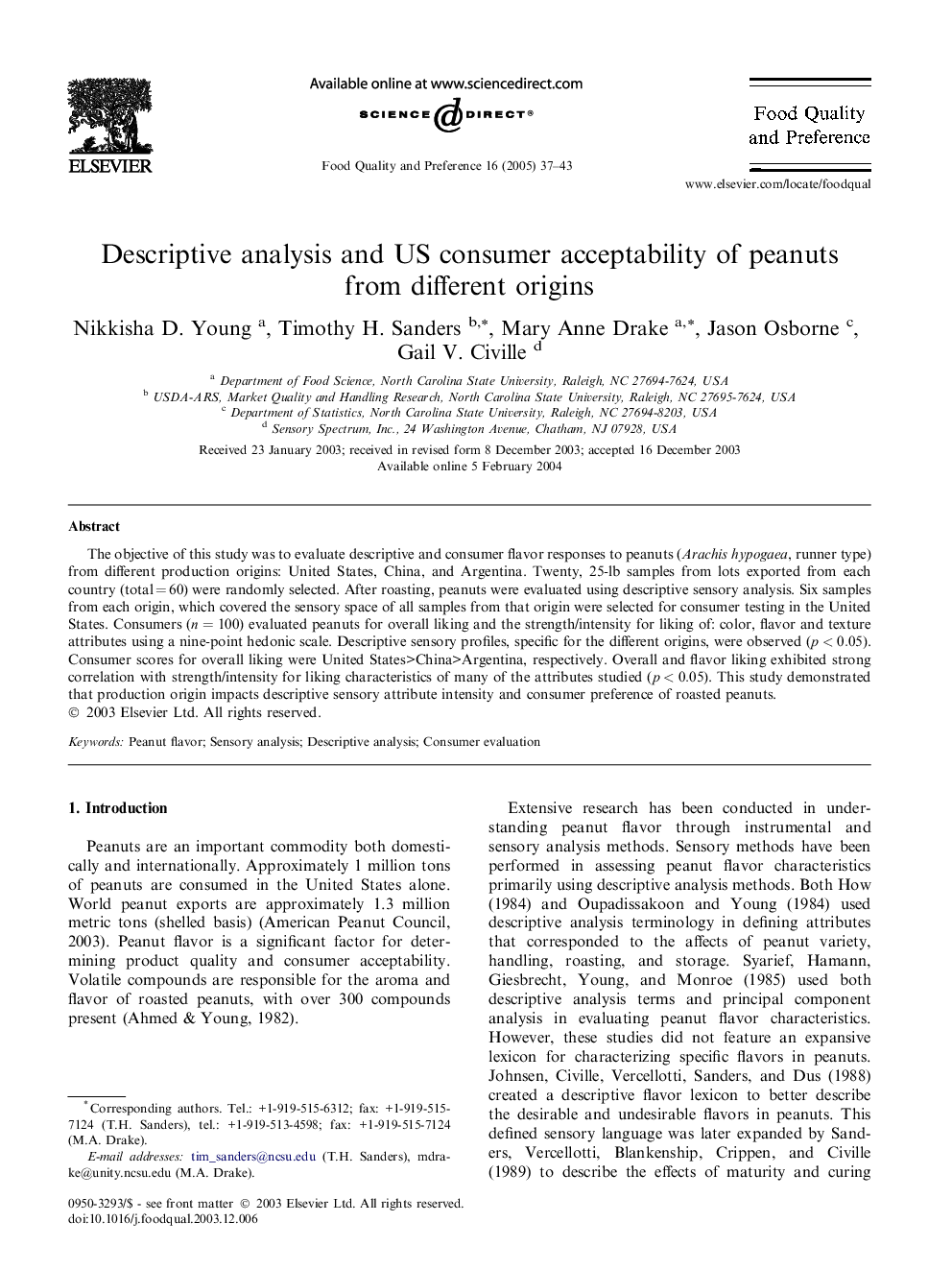 Descriptive analysis and US consumer acceptability of peanuts from different origins