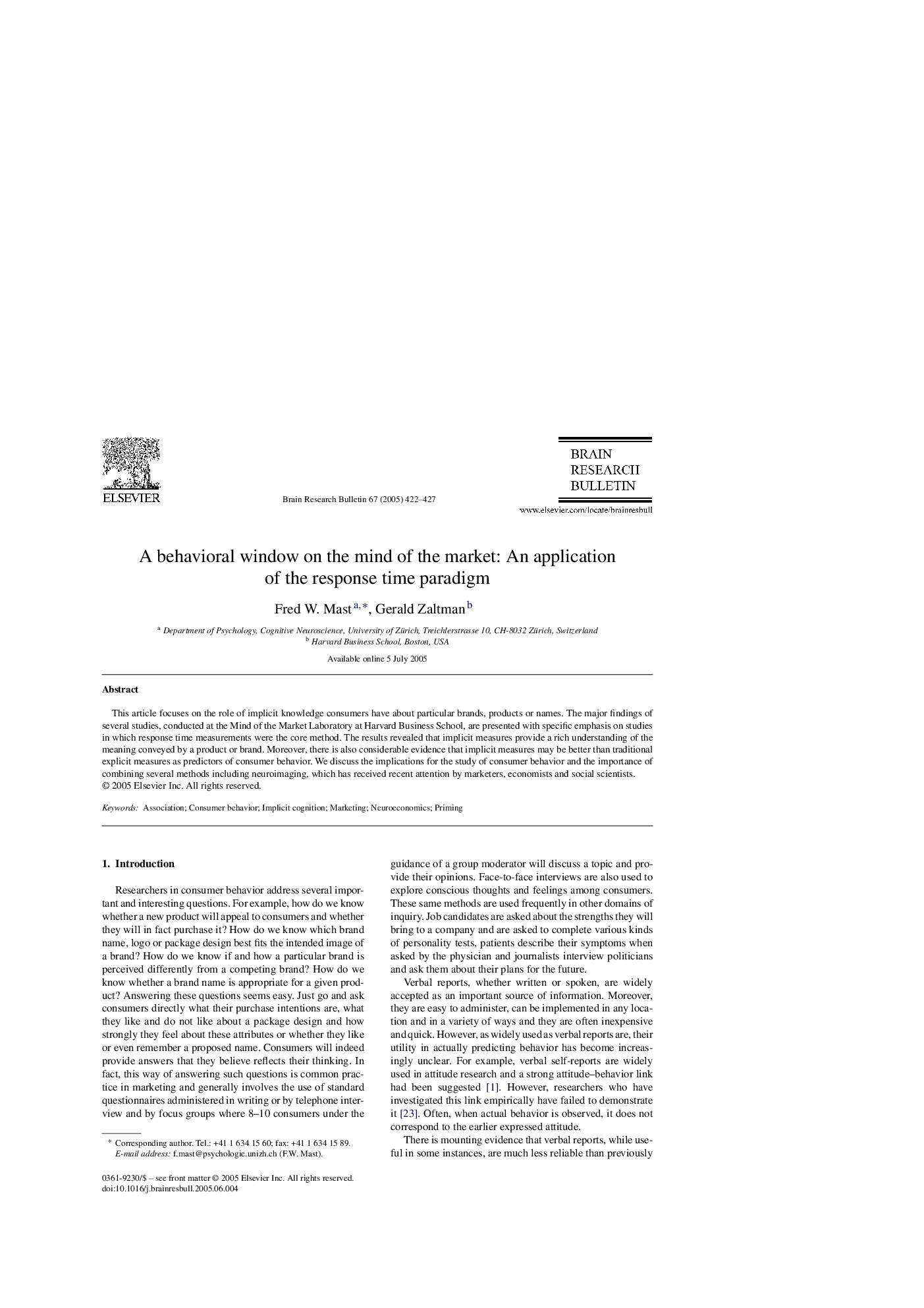 A behavioral window on the mind of the market: An application of the response time paradigm