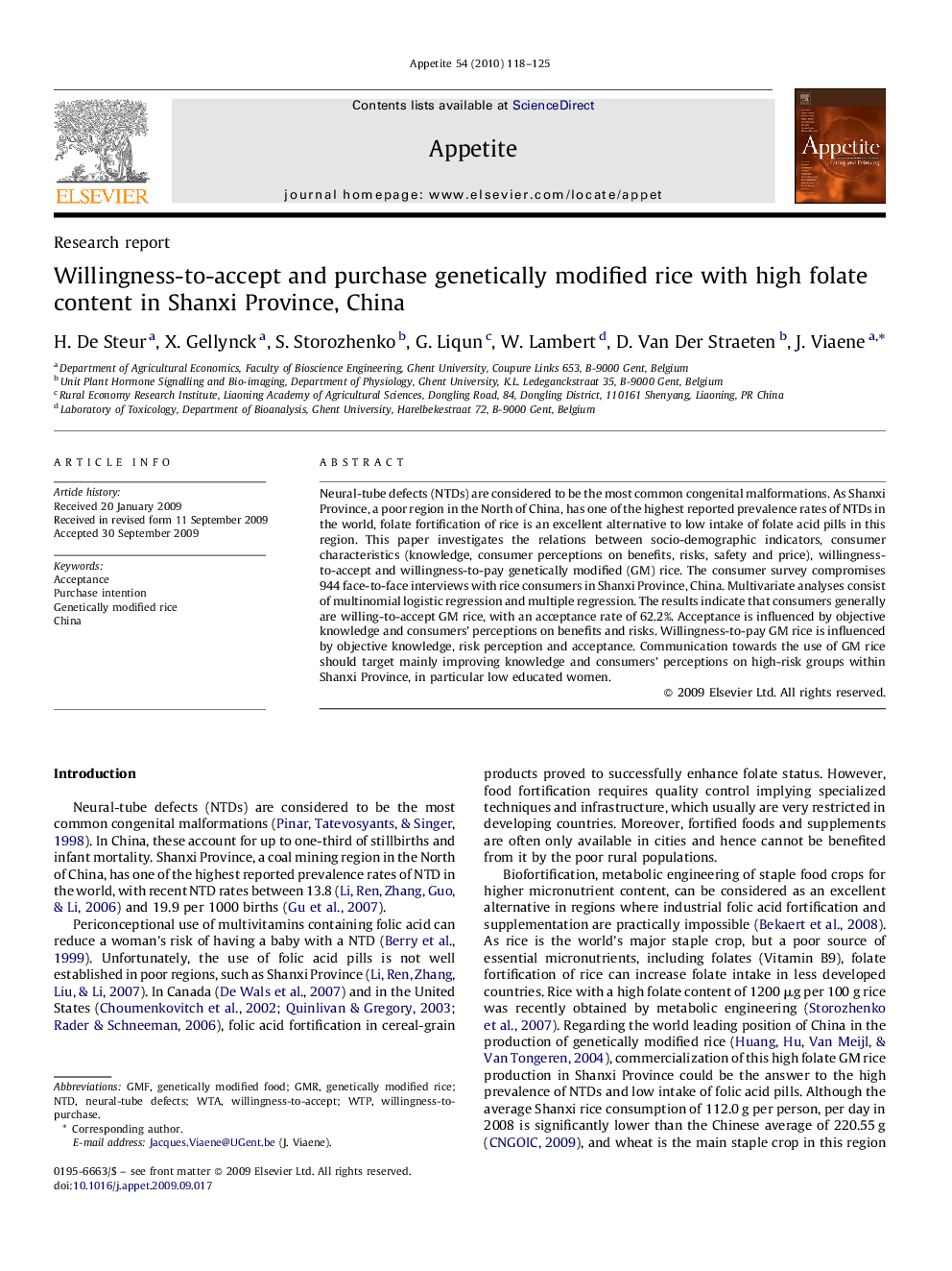 Willingness-to-accept and purchase genetically modified rice with high folate content in Shanxi Province, China