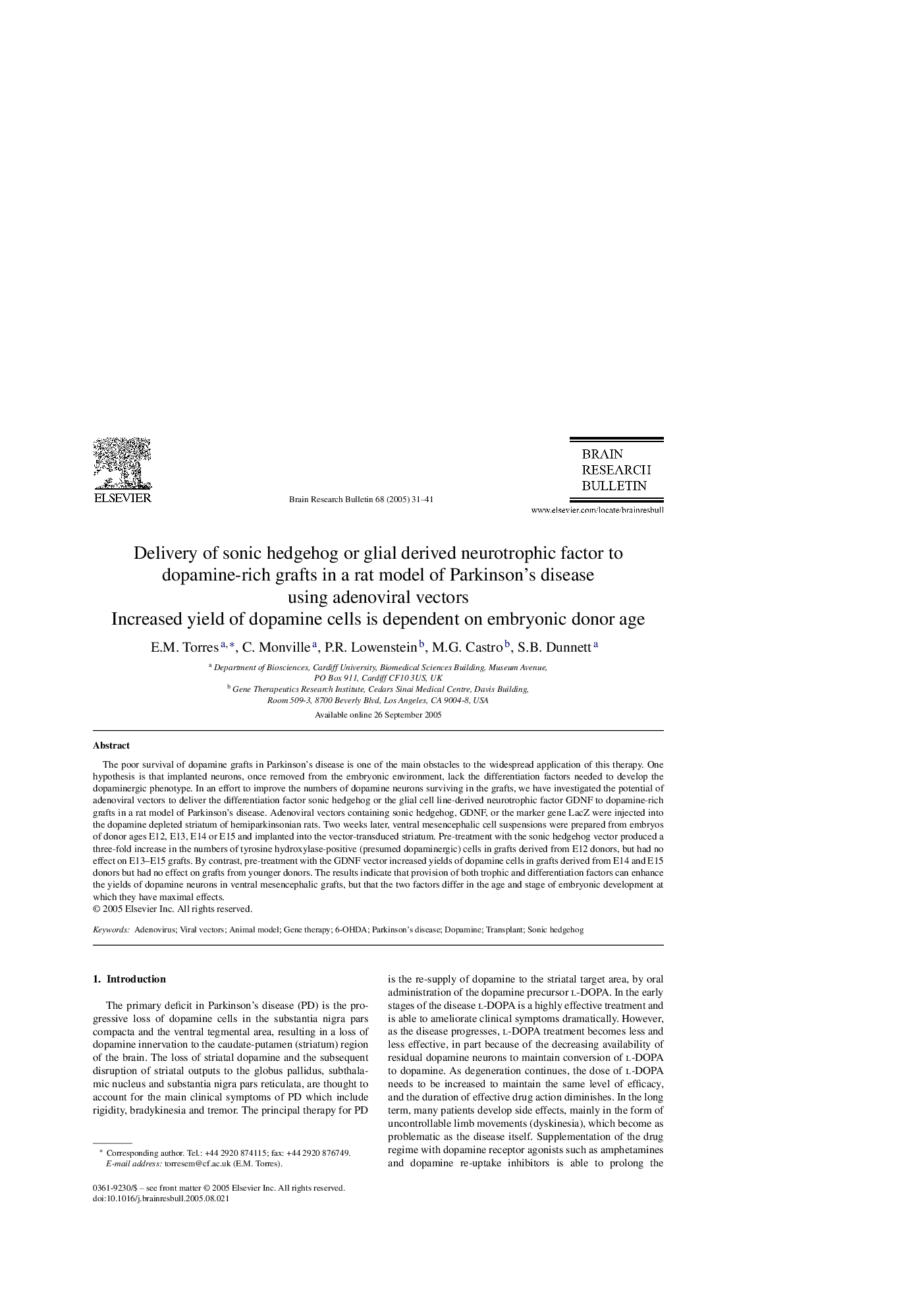 عکس صفحه اول مقاله: Delivery of sonic hedgehog or glial derived neurotrophic factor to dopamine-rich grafts in a rat model of Parkinson's disease using adenoviral vectors Delivery of sonic hedgehog or glial derived neurotrophic factor to dopamine-rich grafts in a rat model of Parkinson's disease using adenoviral vectors