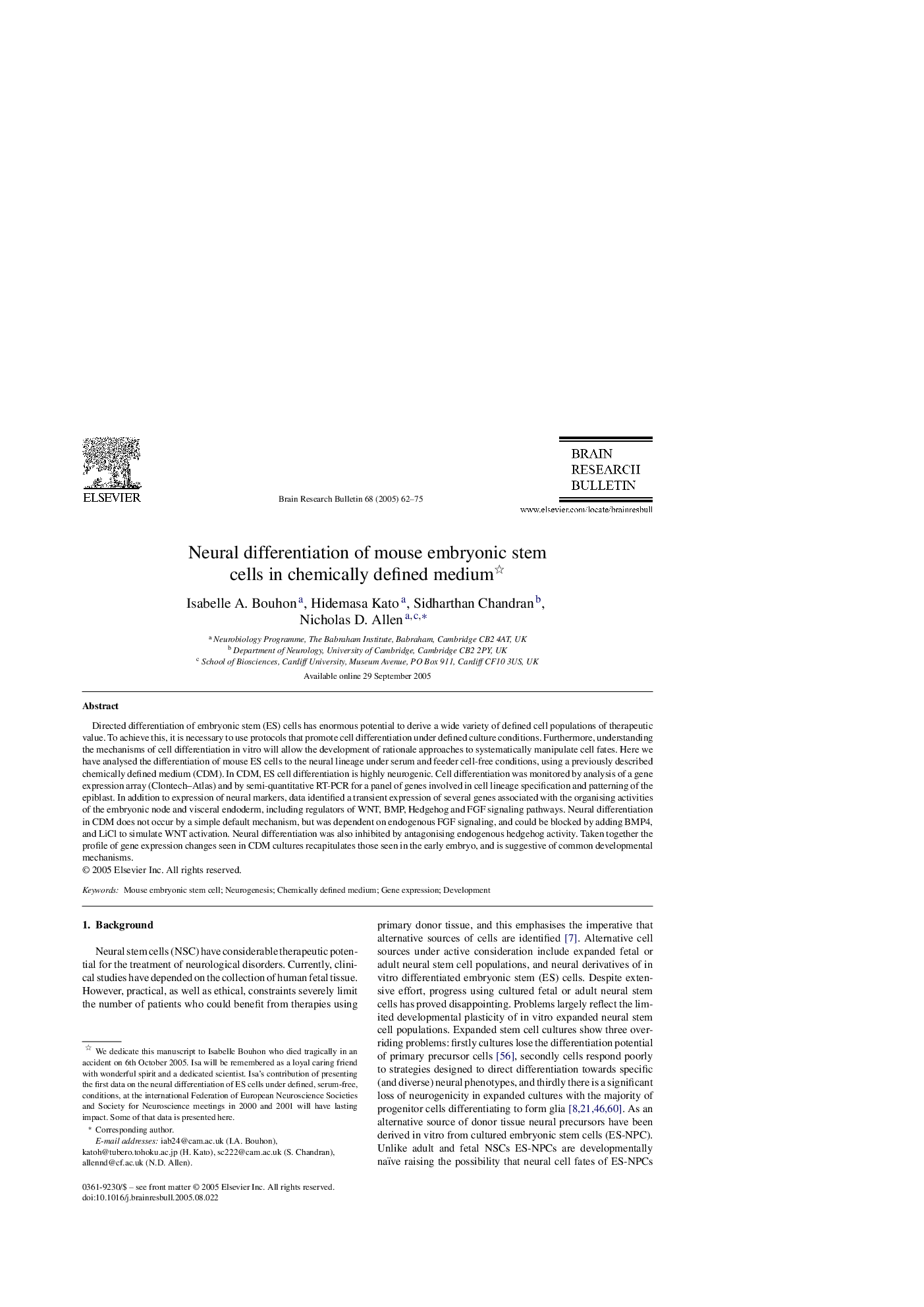 Neural differentiation of mouse embryonic stem cells in chemically defined medium