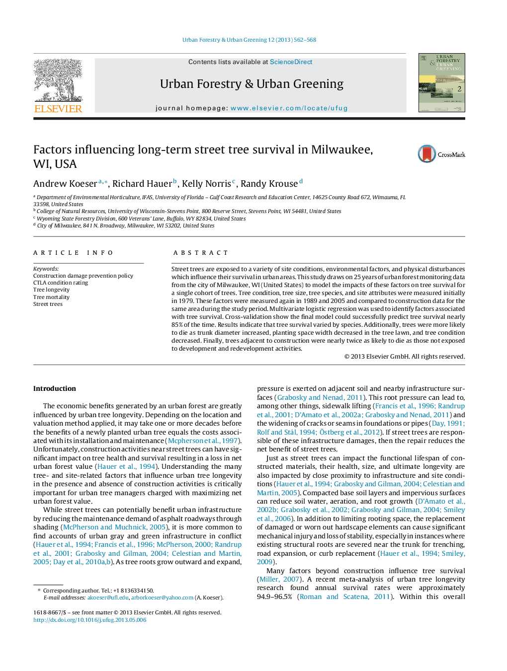 Factors influencing long-term street tree survival in Milwaukee, WI, USA