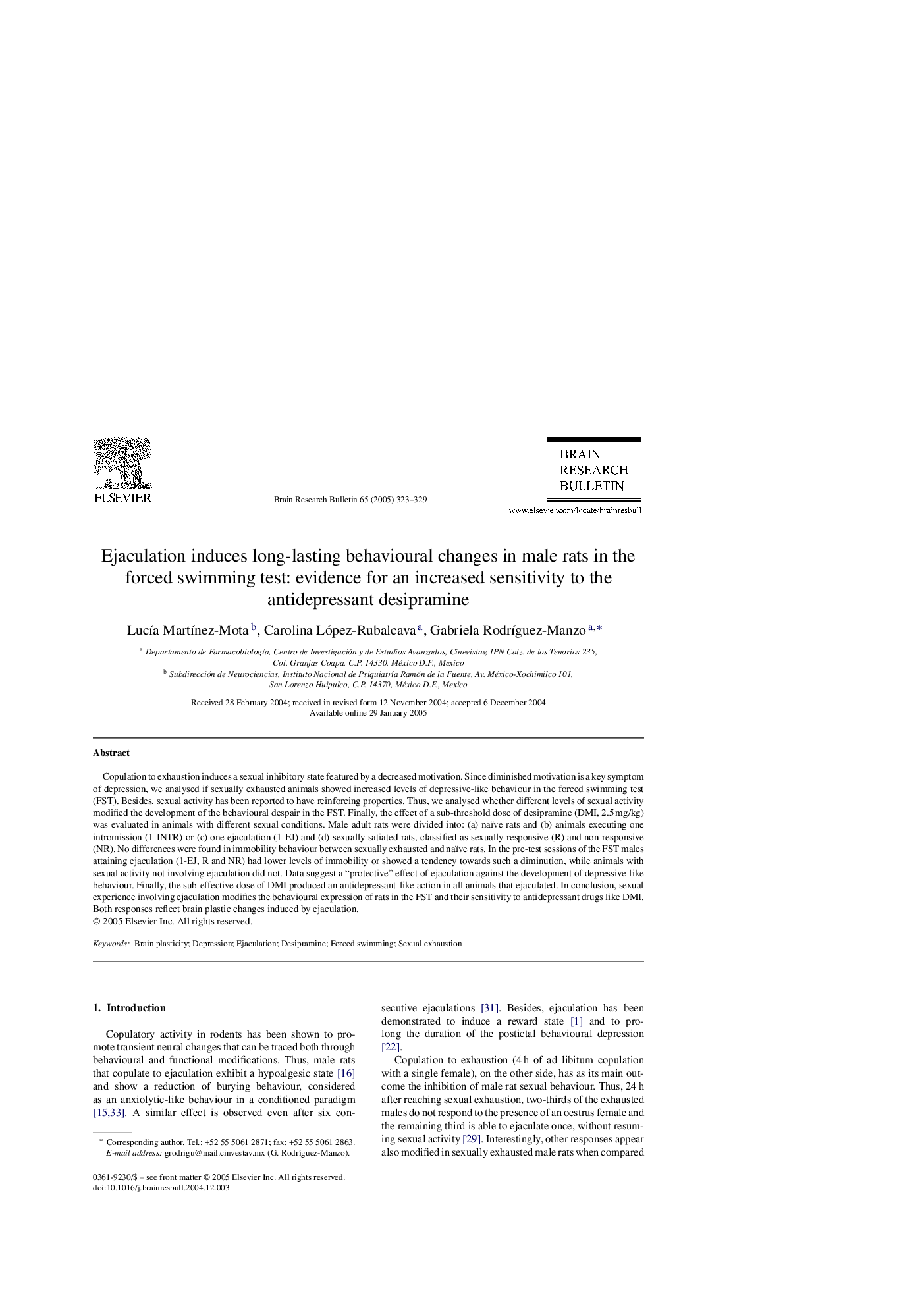 Ejaculation induces long-lasting behavioural changes in male rats in the forced swimming test: evidence for an increased sensitivity to the antidepressant desipramine