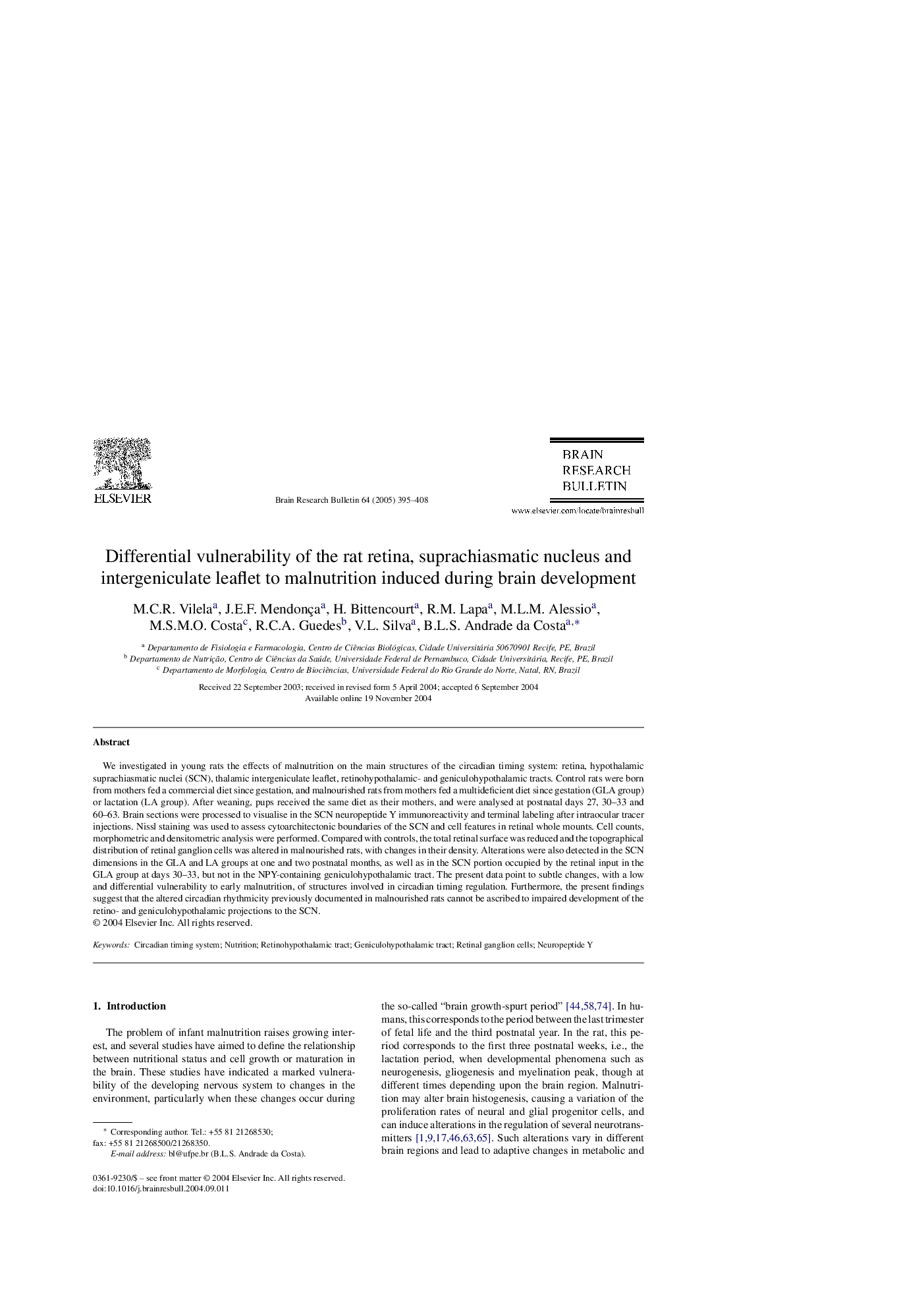 عکس صفحه اول مقاله: Differential vulnerability of the rat retina, suprachiasmatic nucleus and intergeniculate leaflet to malnutrition induced during brain development Differential vulnerability of the rat retina, suprachiasmatic nucleus and intergeniculate leaflet to malnutrition induced during brain development