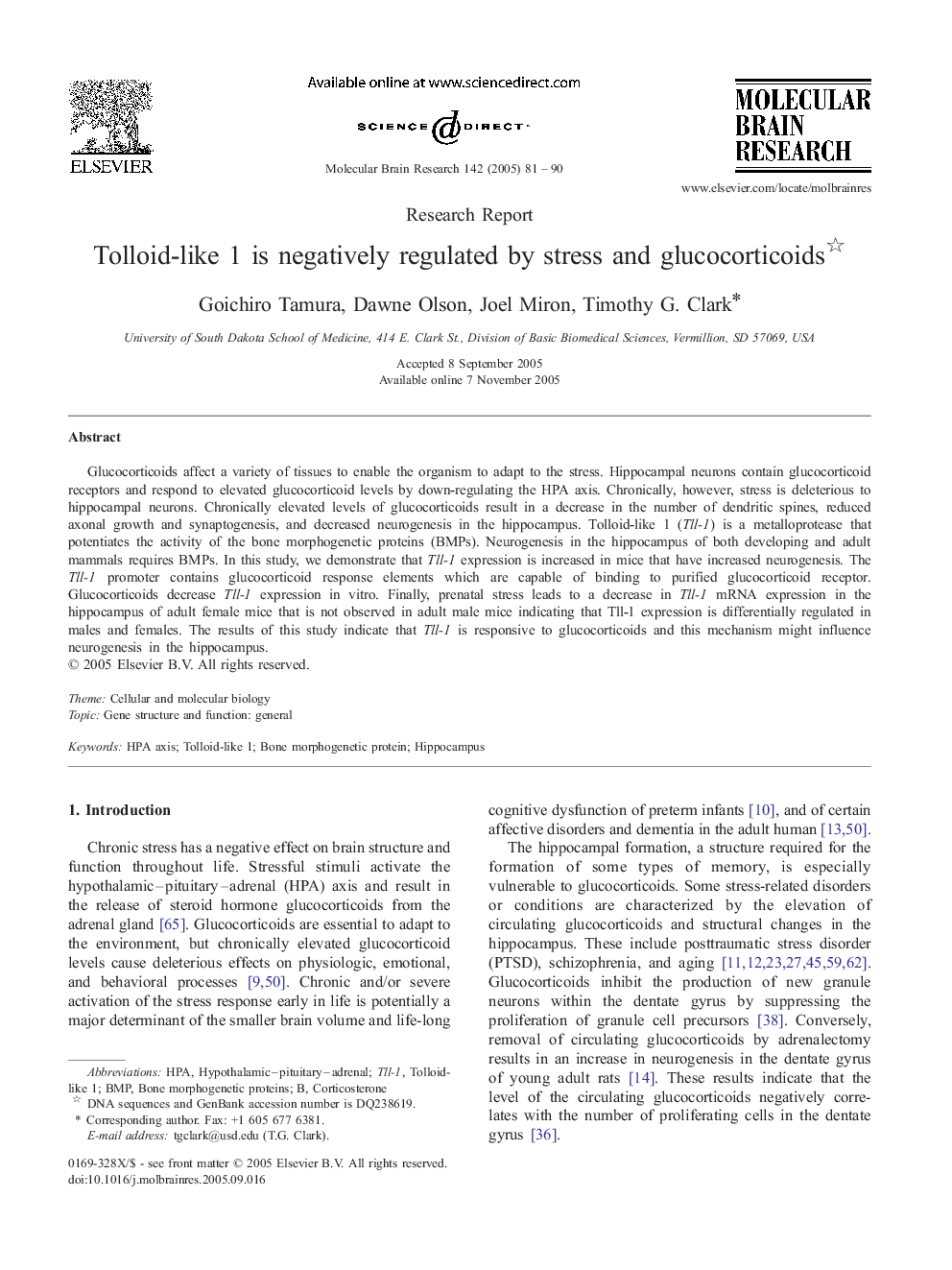 Tolloid-like 1 is negatively regulated by stress and glucocorticoids