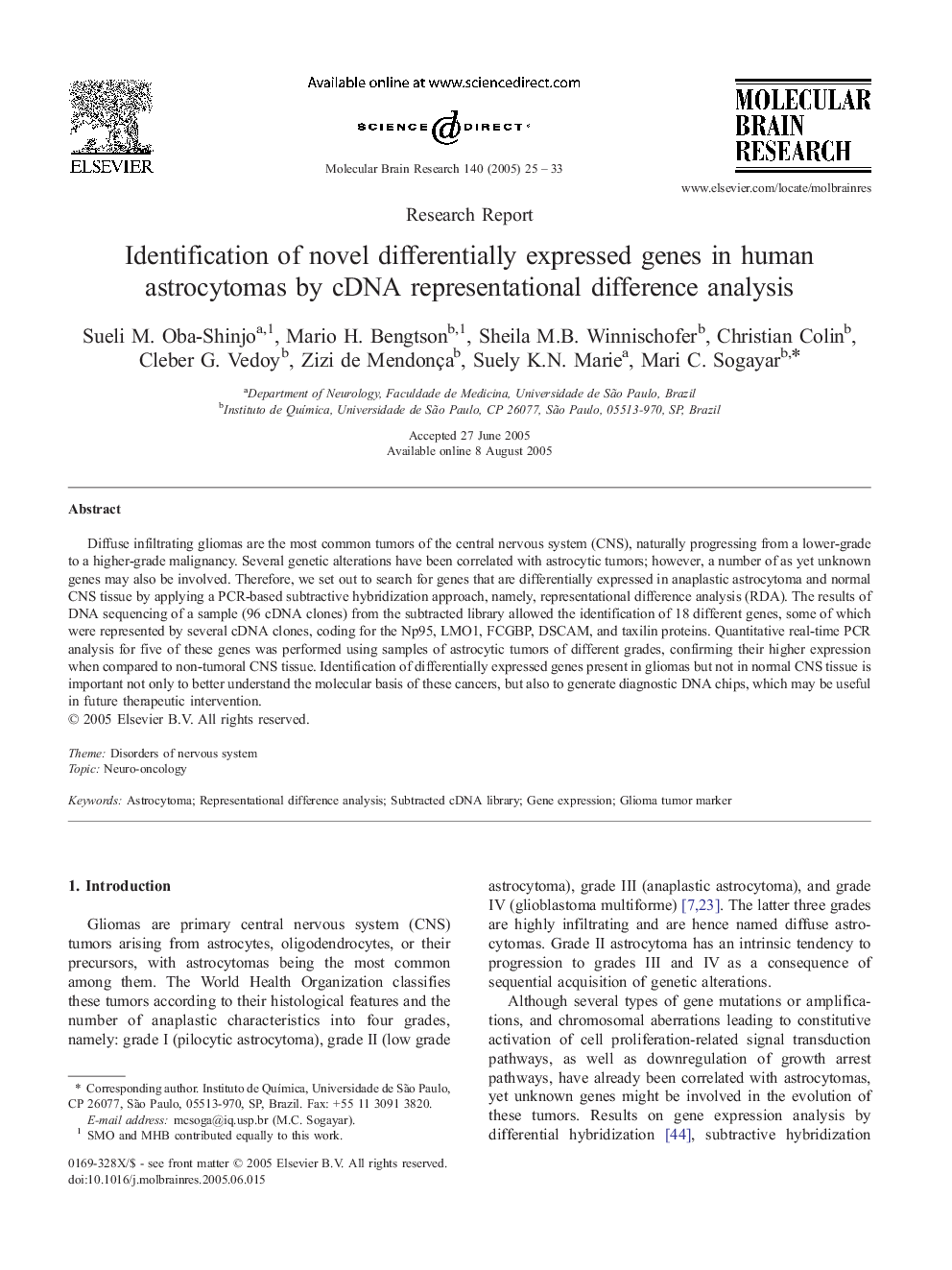 Identification of novel differentially expressed genes in human astrocytomas by cDNA representational difference analysis