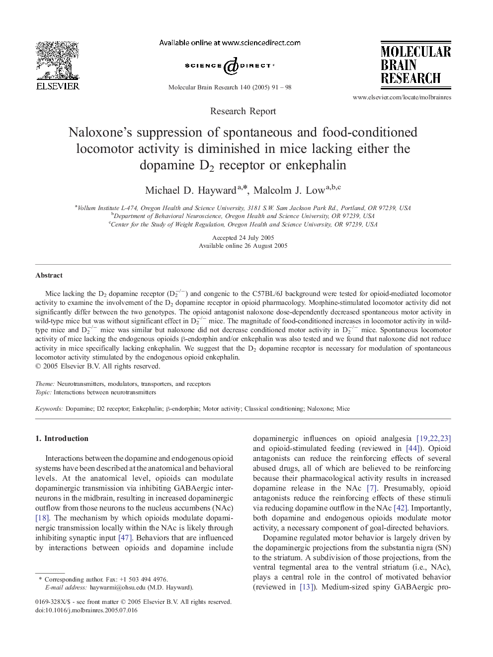 Naloxone's suppression of spontaneous and food-conditioned locomotor activity is diminished in mice lacking either the dopamine D2 receptor or enkephalin