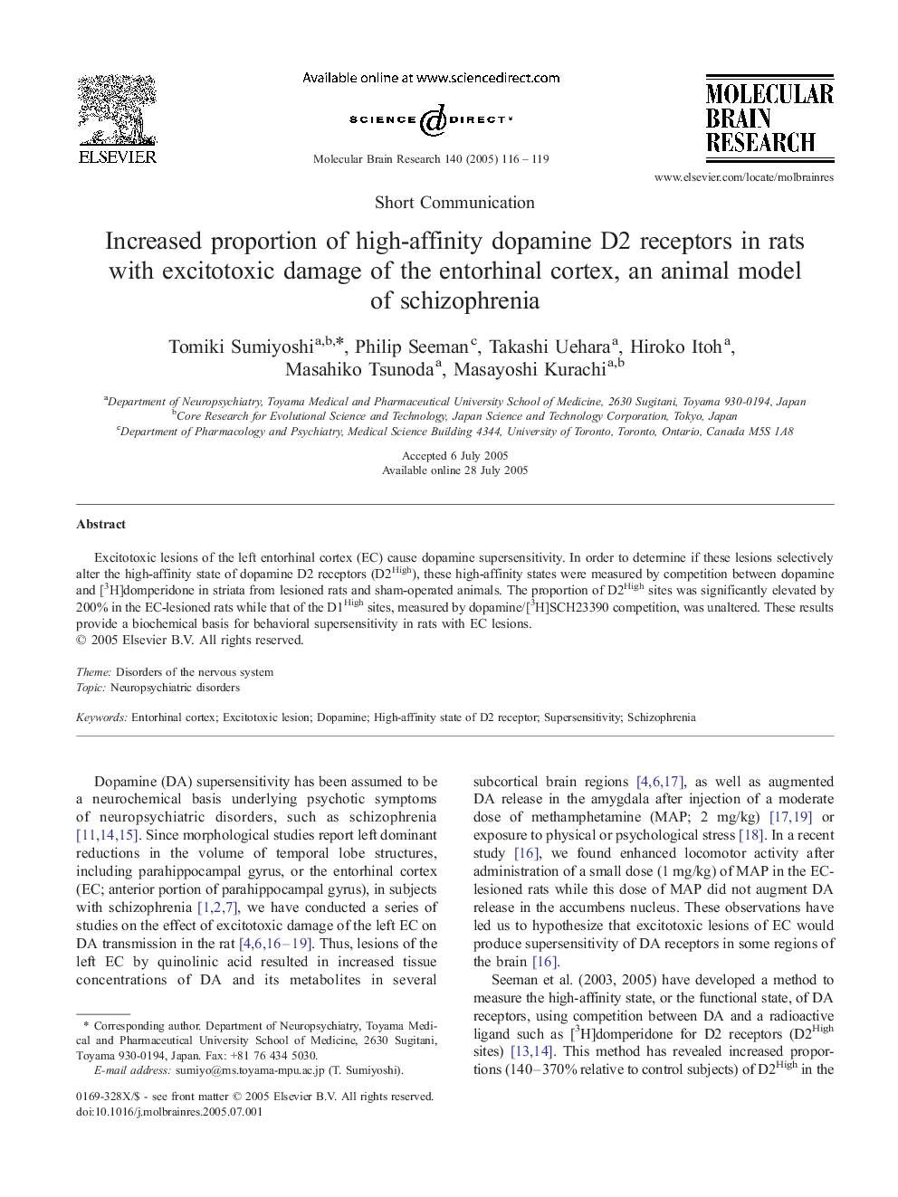 Increased proportion of high-affinity dopamine D2 receptors in rats with excitotoxic damage of the entorhinal cortex, an animal model of schizophrenia