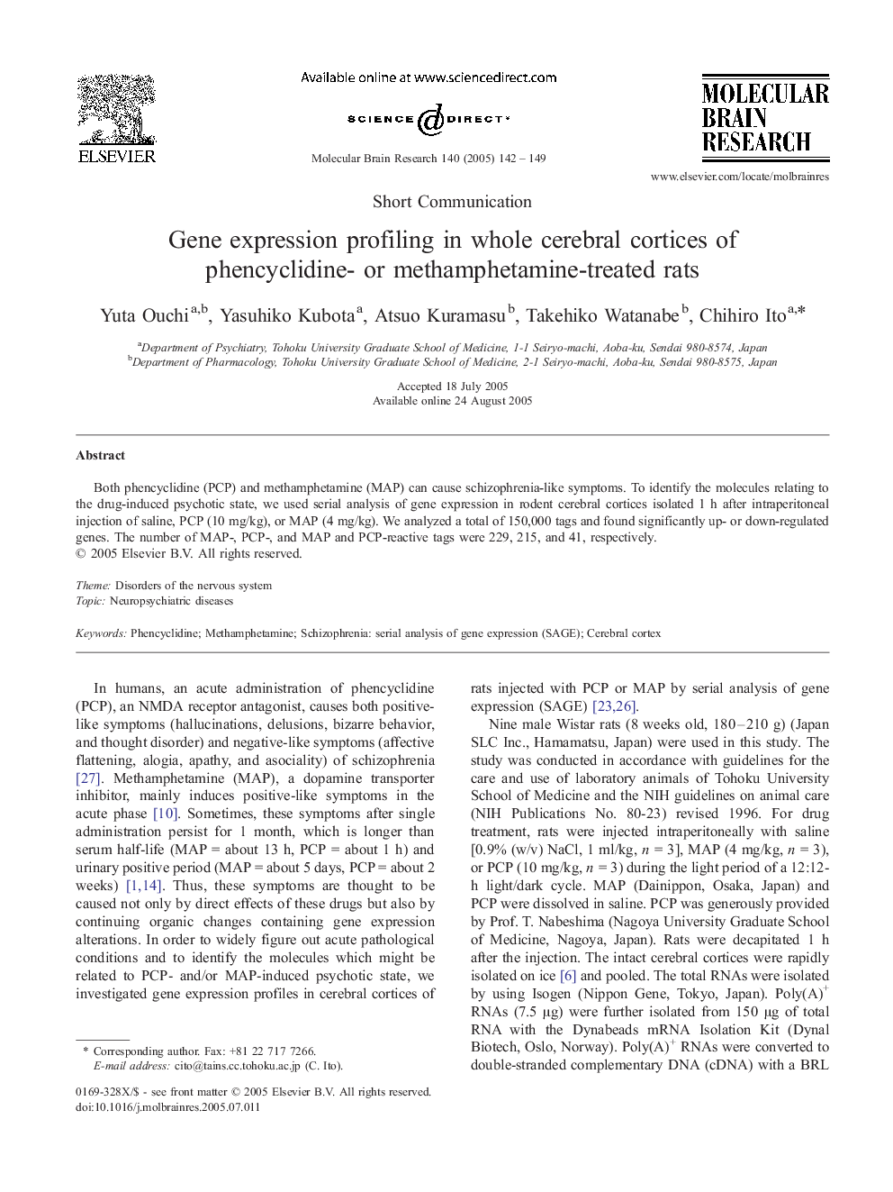 Gene expression profiling in whole cerebral cortices of phencyclidine- or methamphetamine-treated rats