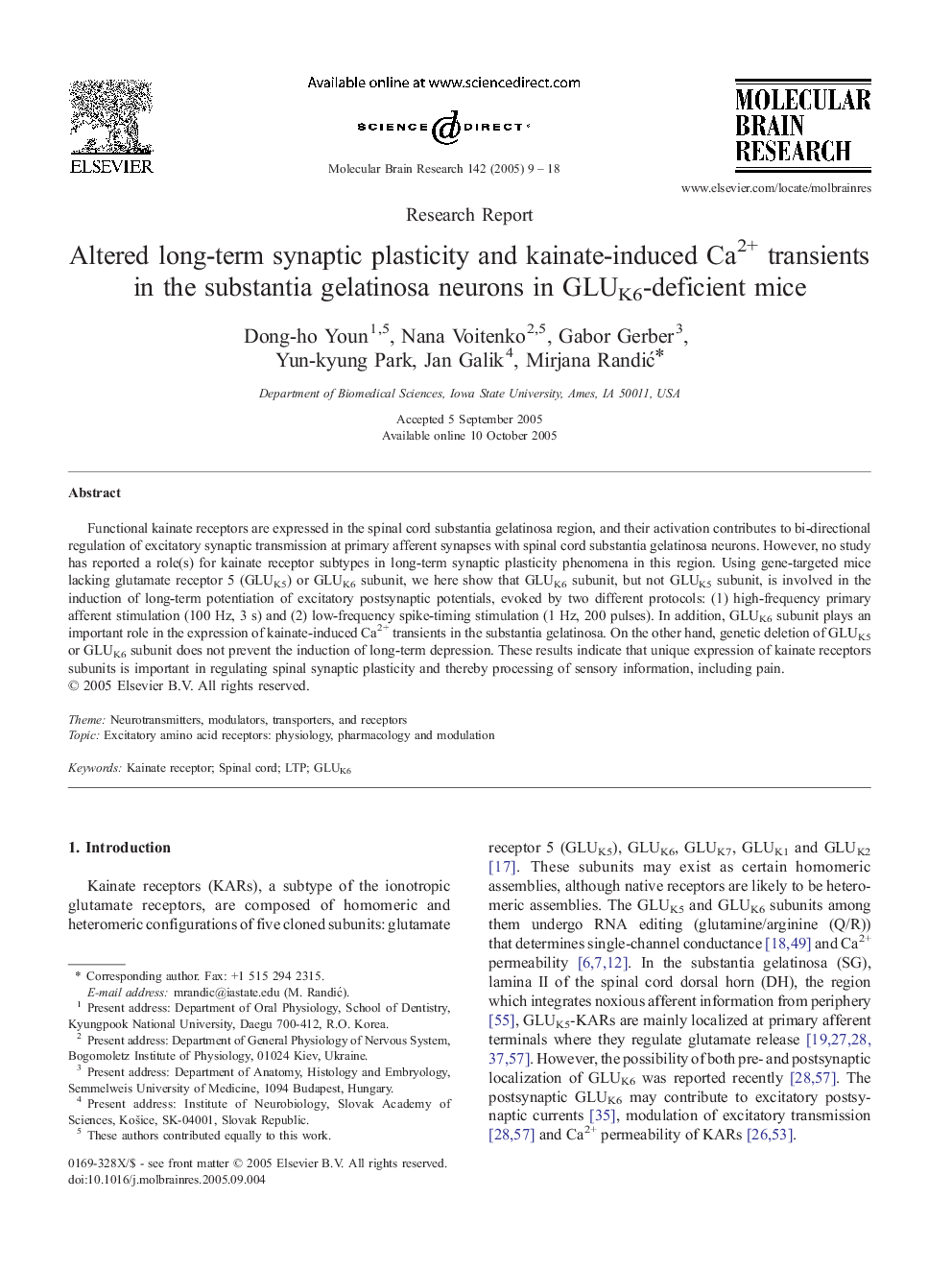 Altered long-term synaptic plasticity and kainate-induced Ca2+ transients in the substantia gelatinosa neurons in GLUK6-deficient mice