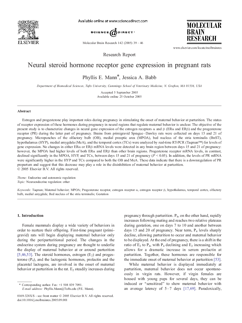 Neural steroid hormone receptor gene expression in pregnant rats