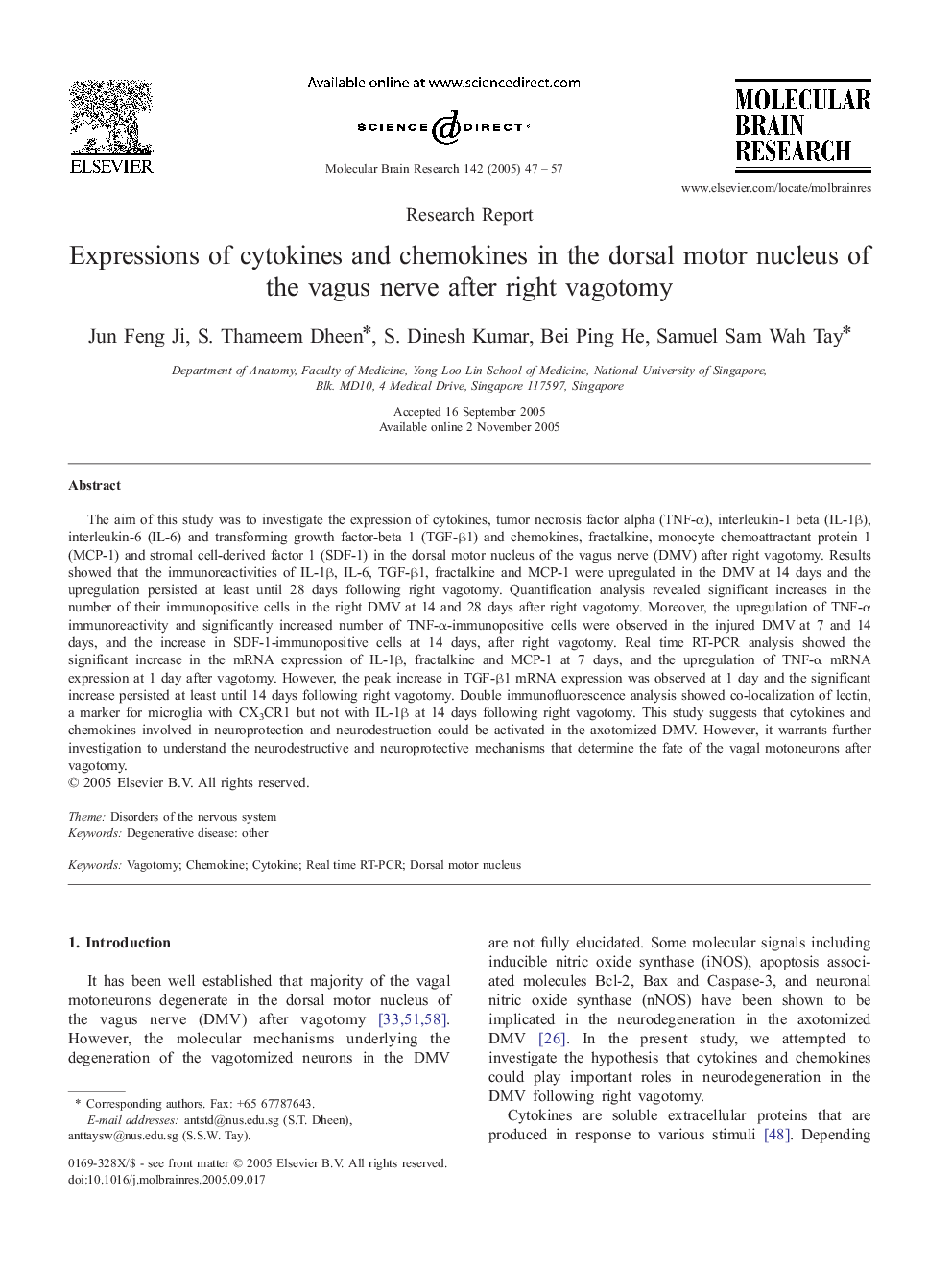 Expressions of cytokines and chemokines in the dorsal motor nucleus of the vagus nerve after right vagotomy