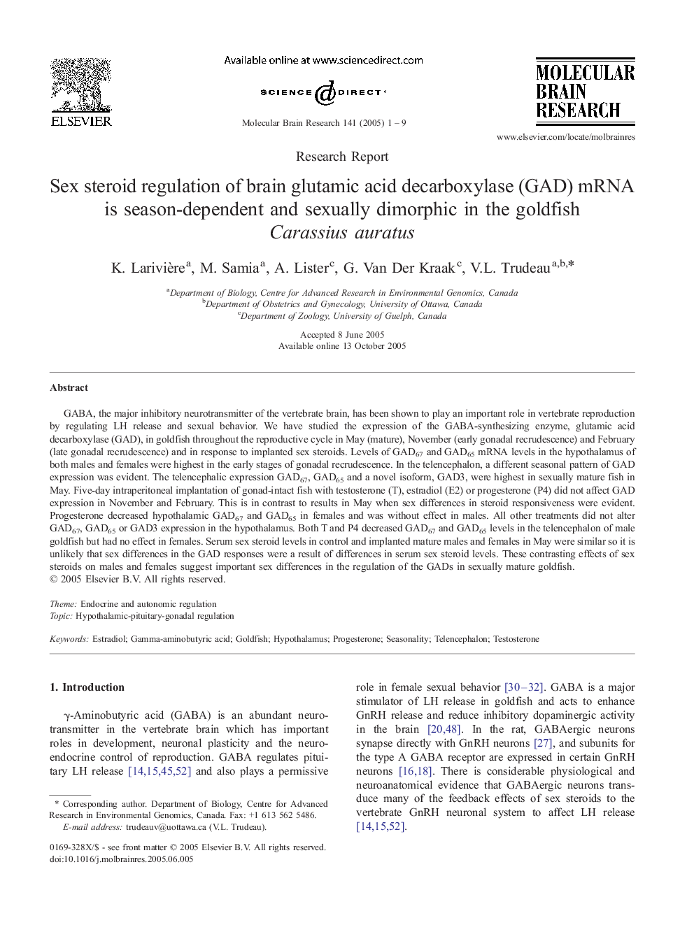 Sex steroid regulation of brain glutamic acid decarboxylase (GAD) mRNA is season-dependent and sexually dimorphic in the goldfish Carassius auratus