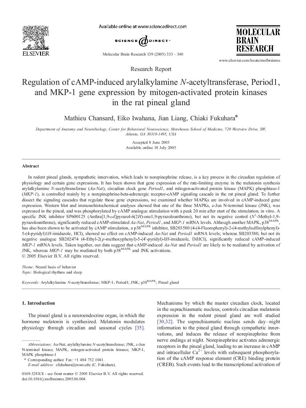 Regulation of cAMP-induced arylalkylamine N-acetyltransferase, Period1, and MKP-1 gene expression by mitogen-activated protein kinases in the rat pineal gland