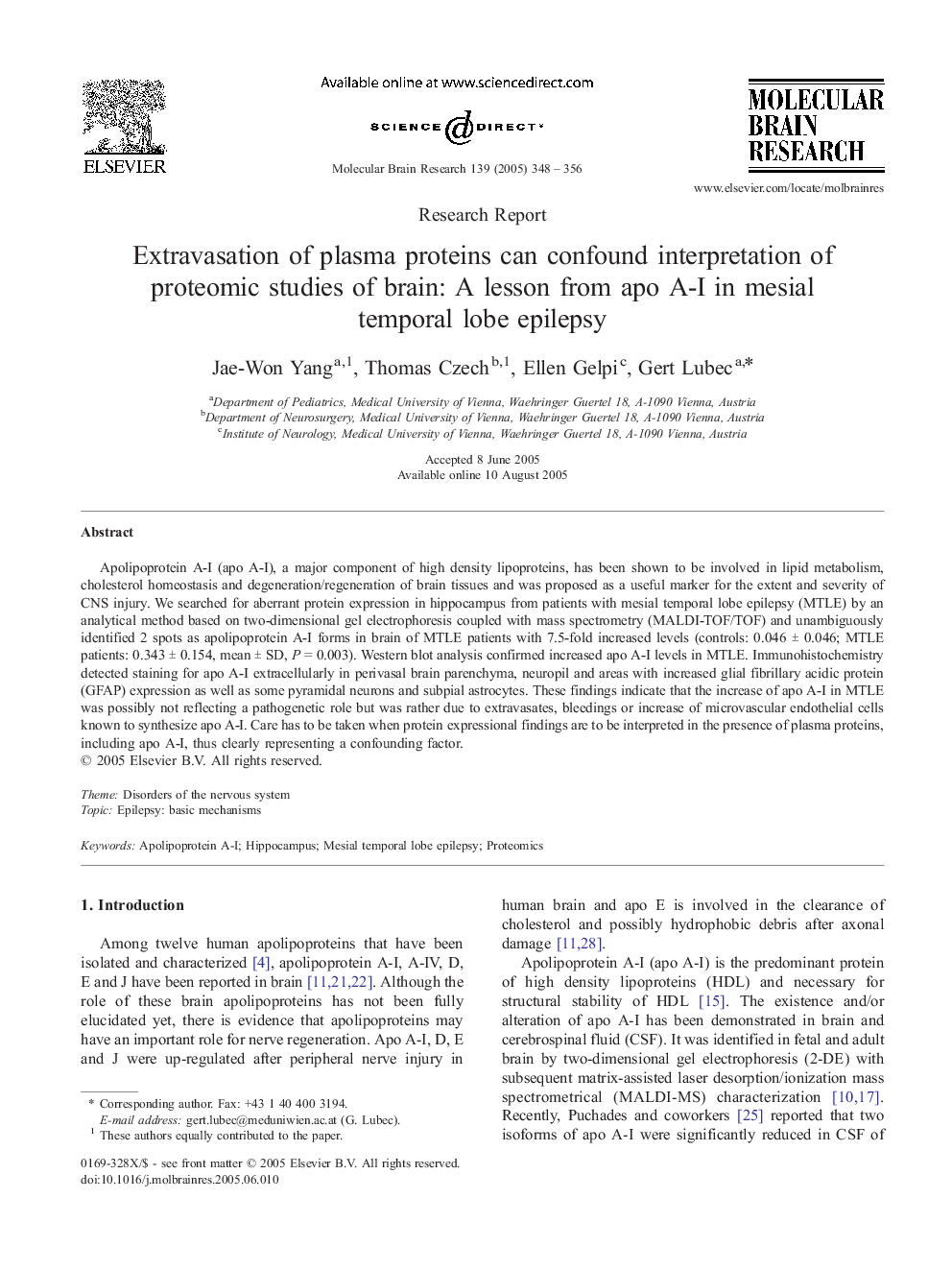 Extravasation of plasma proteins can confound interpretation of proteomic studies of brain: A lesson from apo A-I in mesial temporal lobe epilepsy