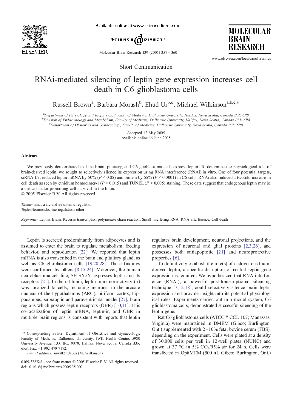 RNAi-mediated silencing of leptin gene expression increases cell death in C6 glioblastoma cells