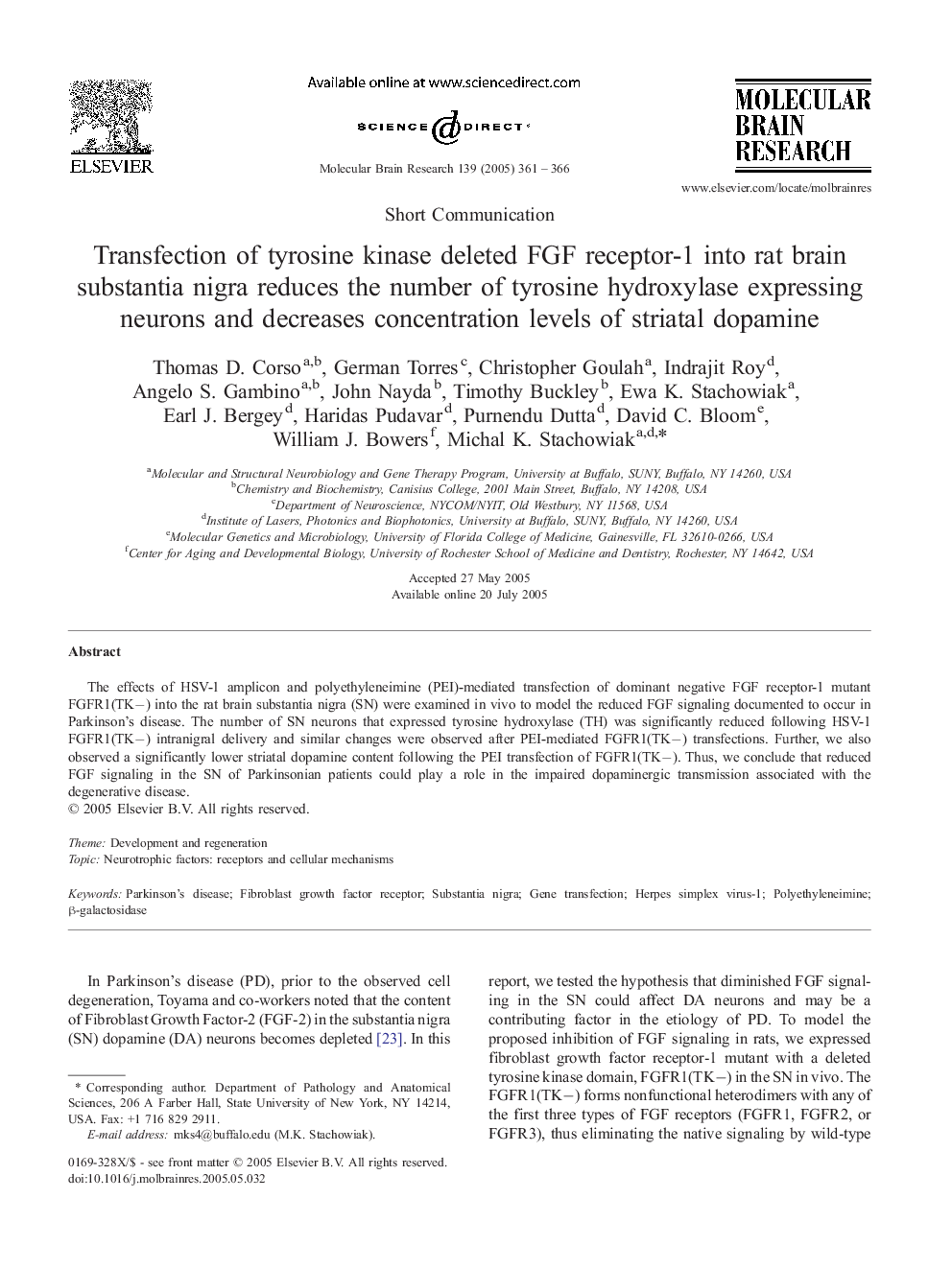 Transfection of tyrosine kinase deleted FGF receptor-1 into rat brain substantia nigra reduces the number of tyrosine hydroxylase expressing neurons and decreases concentration levels of striatal dopamine