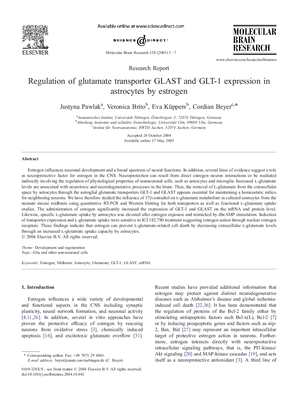 Regulation of glutamate transporter GLAST and GLT-1 expression in astrocytes by estrogen