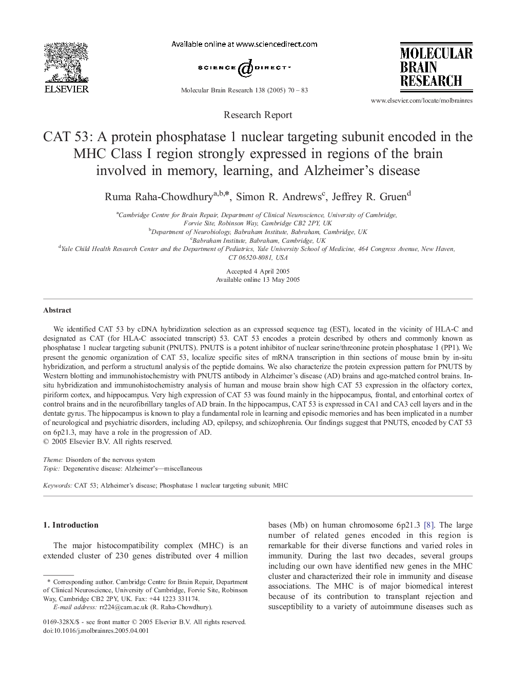 CAT 53: A protein phosphatase 1 nuclear targeting subunit encoded in the MHC Class I region strongly expressed in regions of the brain involved in memory, learning, and Alzheimer's disease