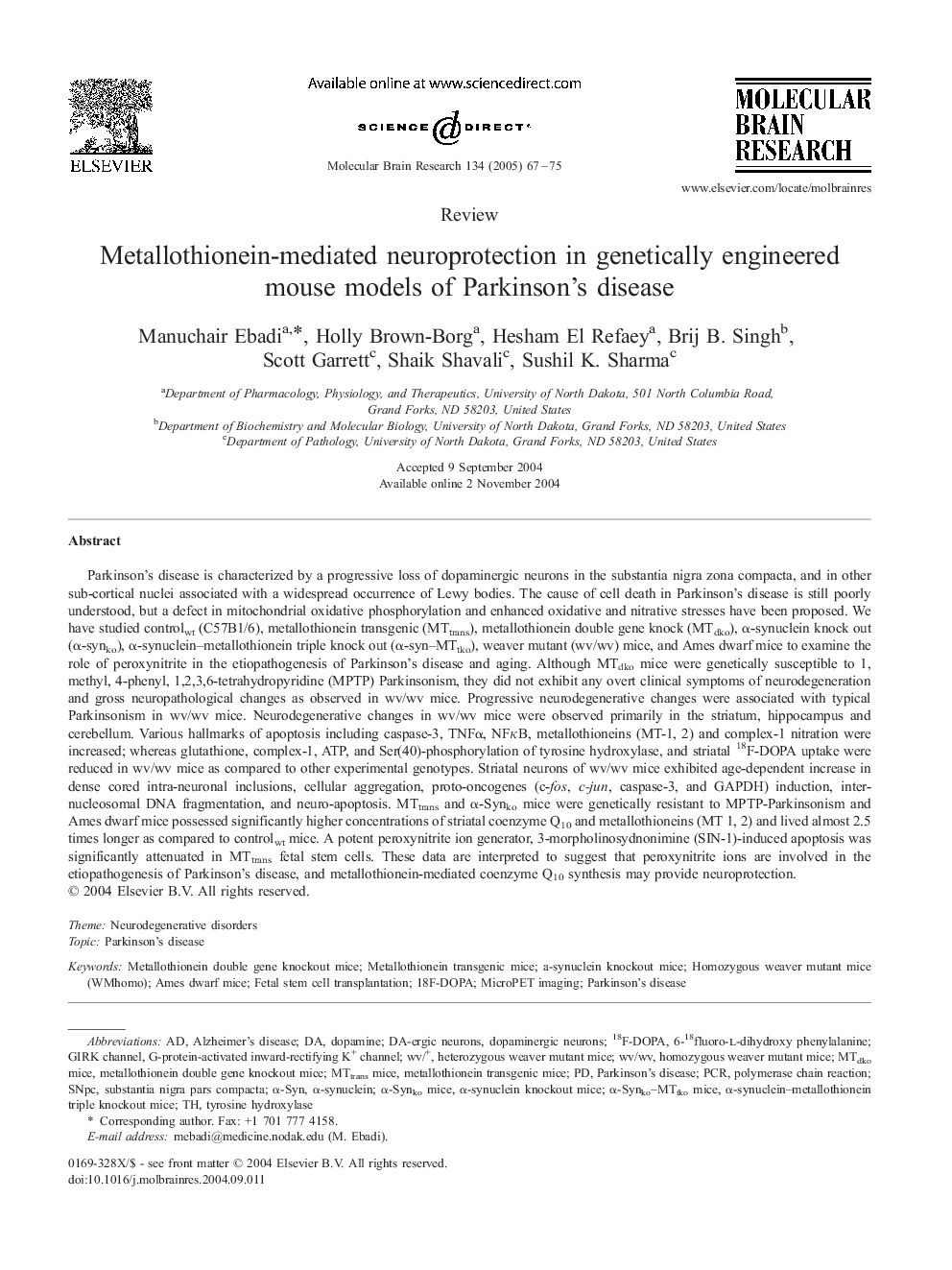 عکس صفحه اول مقاله: Metallothionein-mediated neuroprotection in genetically engineered mouse models of Parkinson's disease Metallothionein-mediated neuroprotection in genetically engineered mouse models of Parkinson's disease