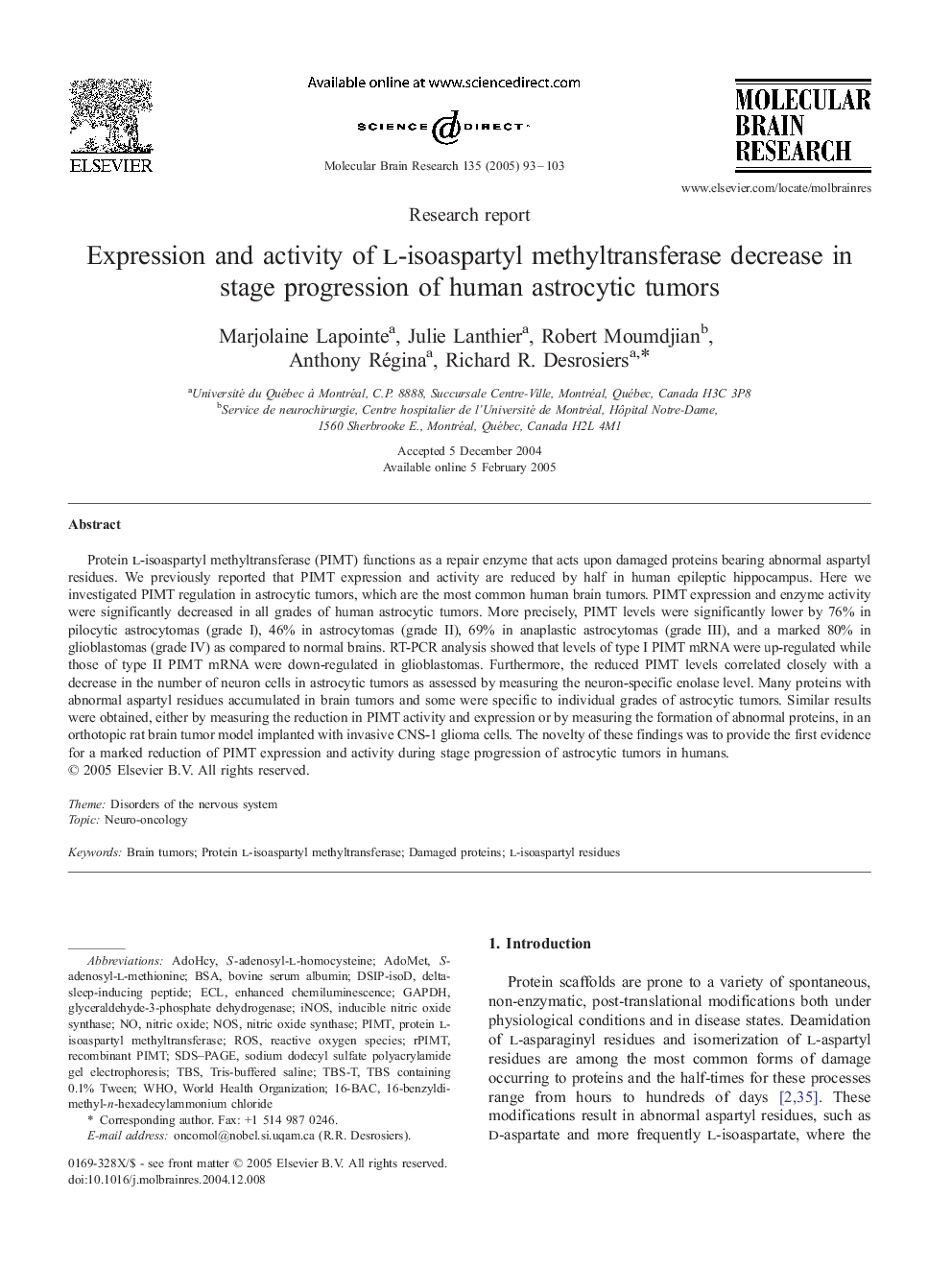 Expression and activity of l-isoaspartyl methyltransferase decrease in stage progression of human astrocytic tumors