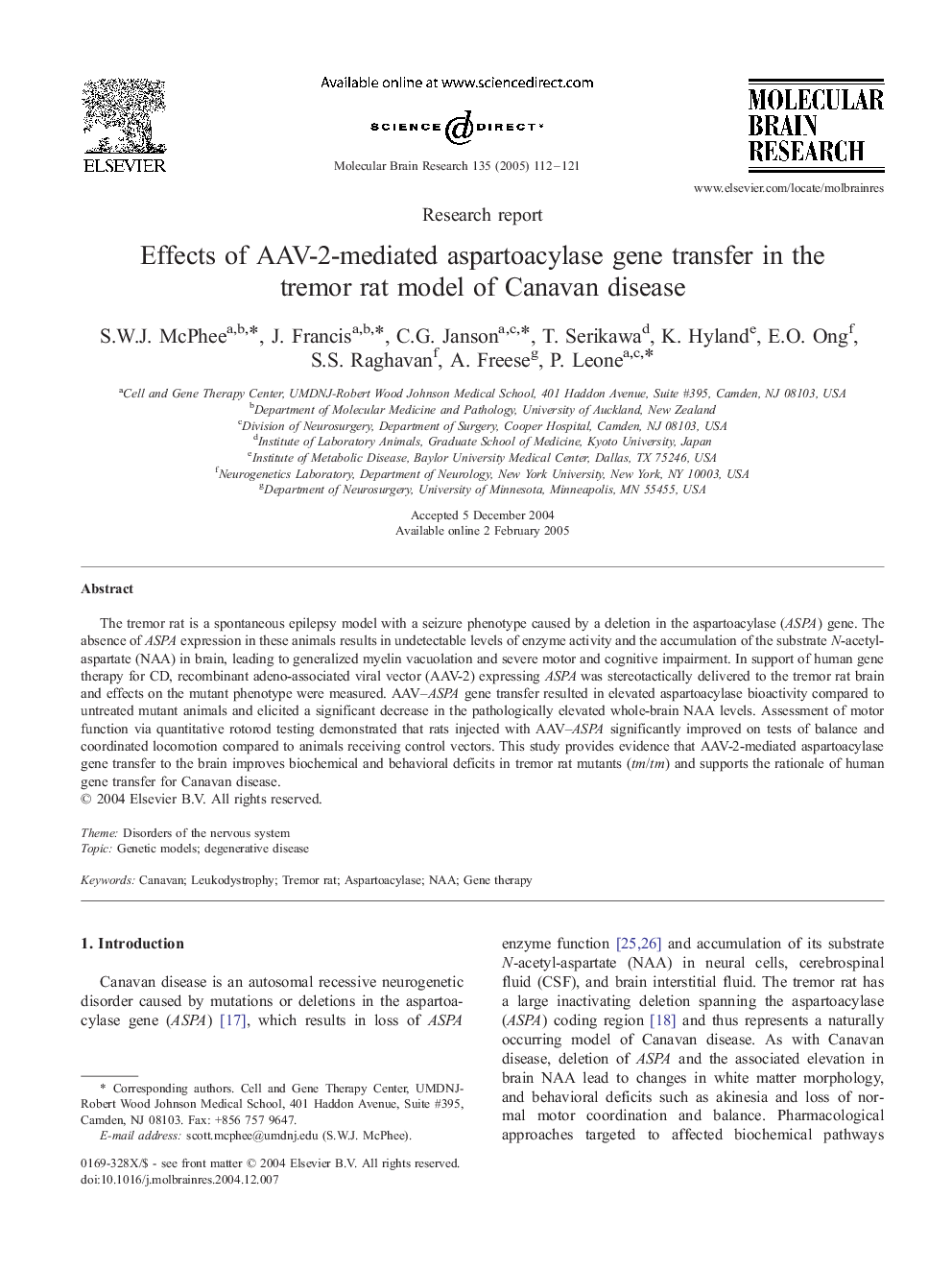 Effects of AAV-2-mediated aspartoacylase gene transfer in the tremor rat model of Canavan disease