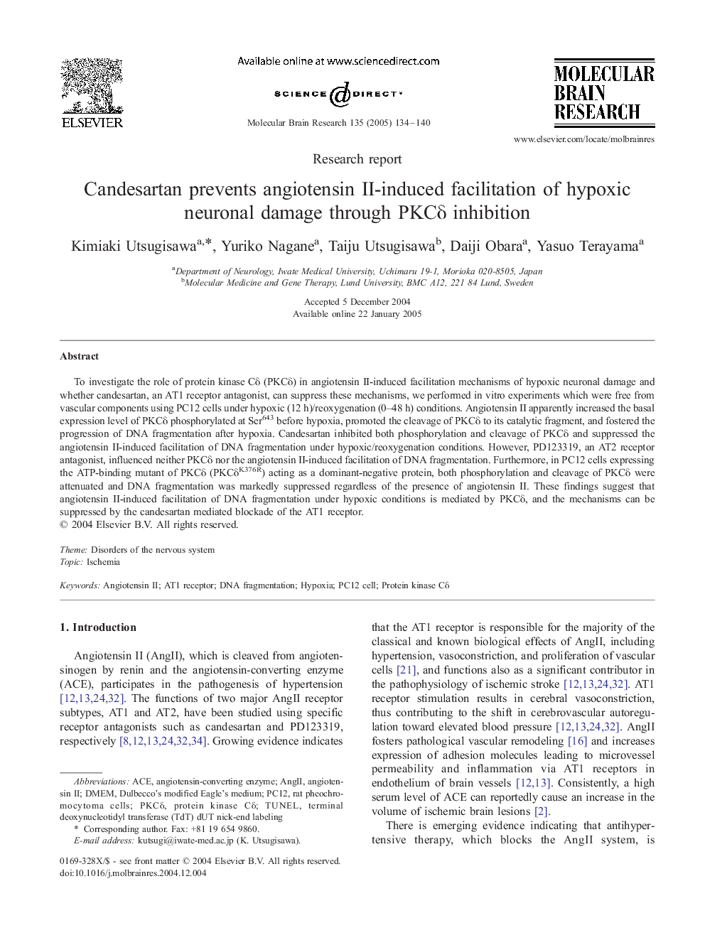 Candesartan prevents angiotensin II-induced facilitation of hypoxic neuronal damage through PKCÎ´ inhibition