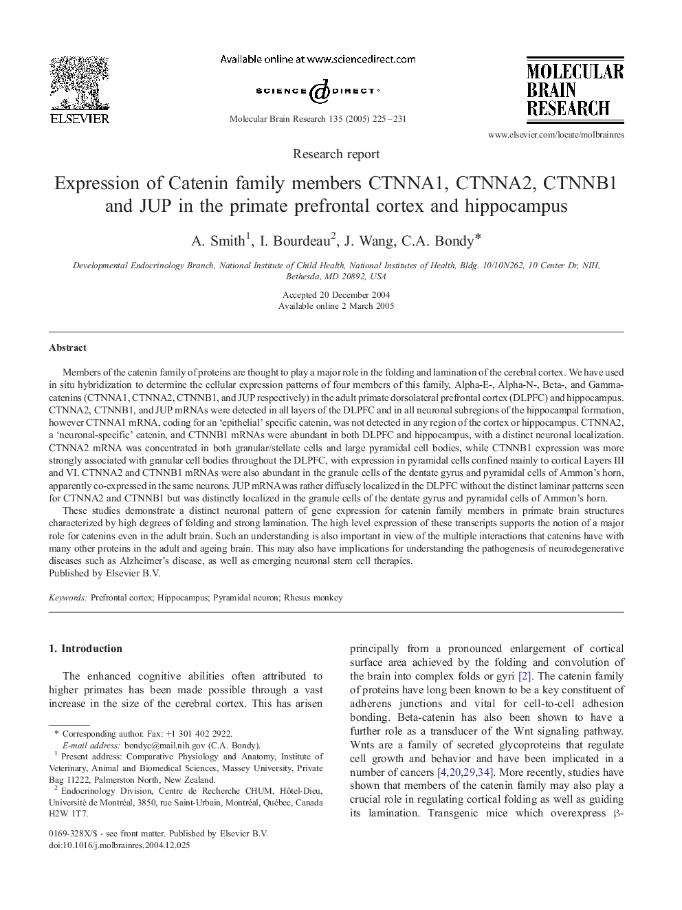 Expression of Catenin family members CTNNA1, CTNNA2, CTNNB1 and JUP in the primate prefrontal cortex and hippocampus