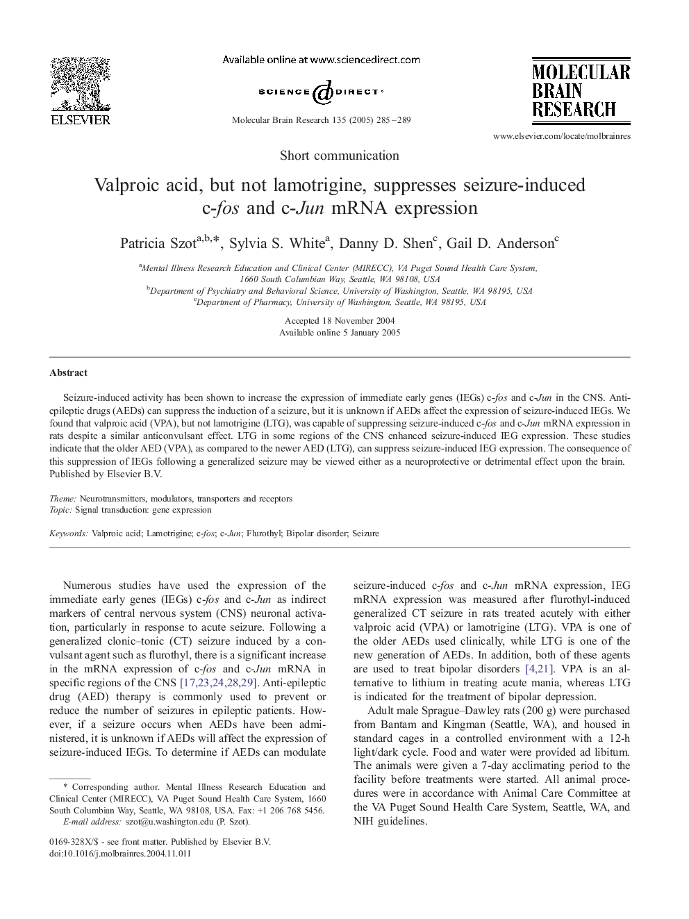 Valproic acid, but not lamotrigine, suppresses seizure-induced c-fos and c-Jun mRNA expression