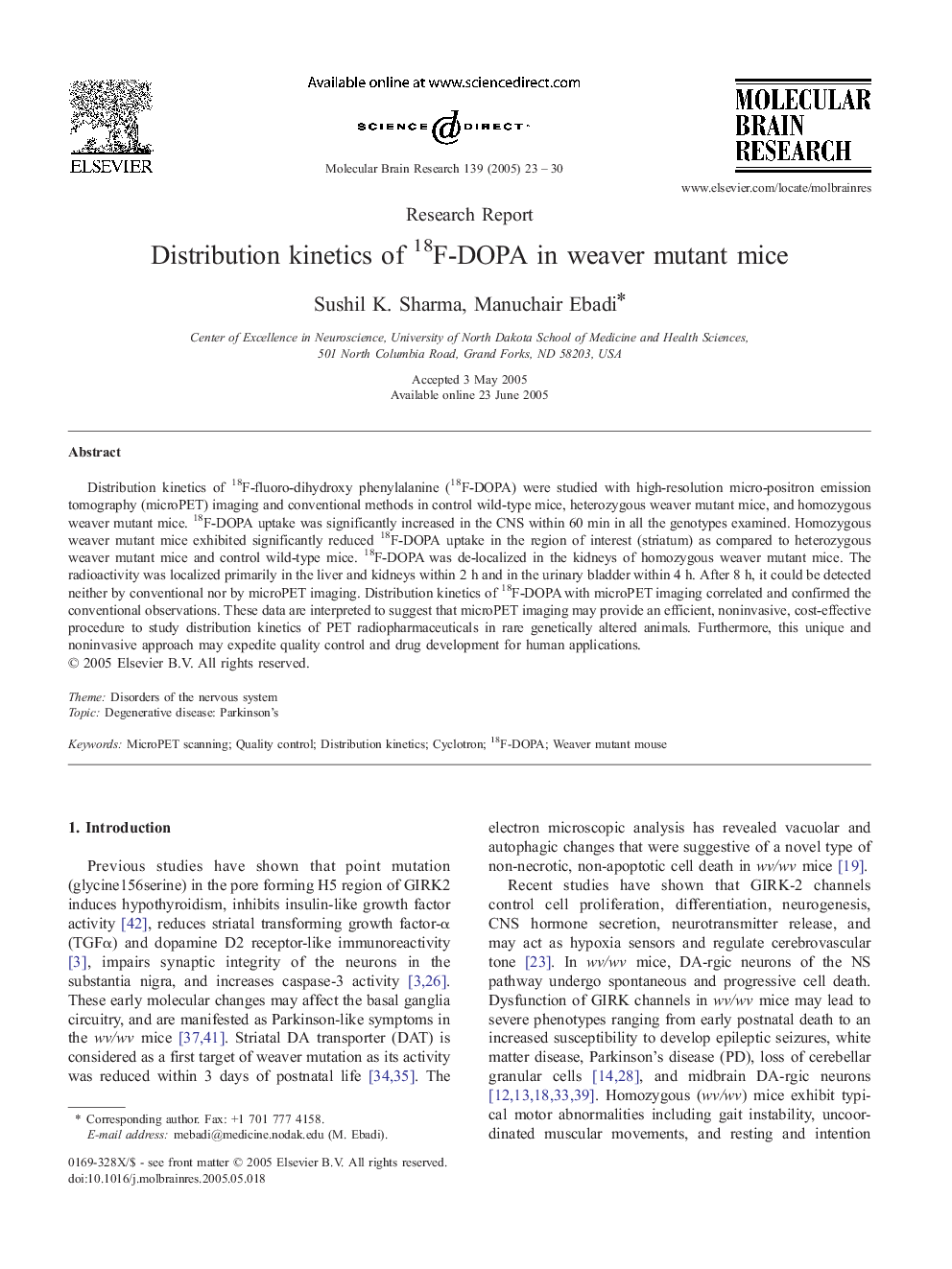 Distribution kinetics of 18F-DOPA in weaver mutant mice