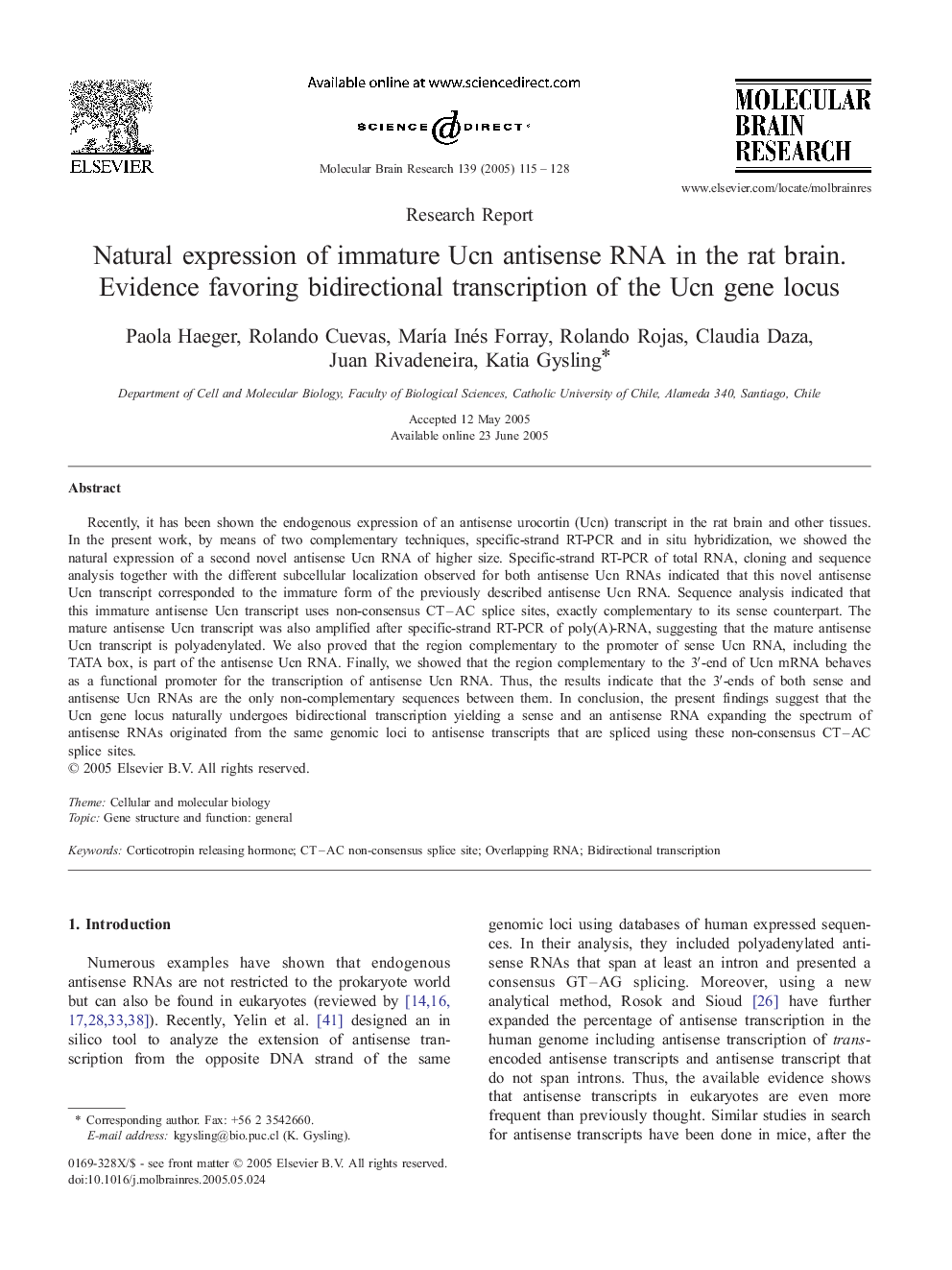 Natural expression of immature Ucn antisense RNA in the rat brain. Evidence favoring bidirectional transcription of the Ucn gene locus