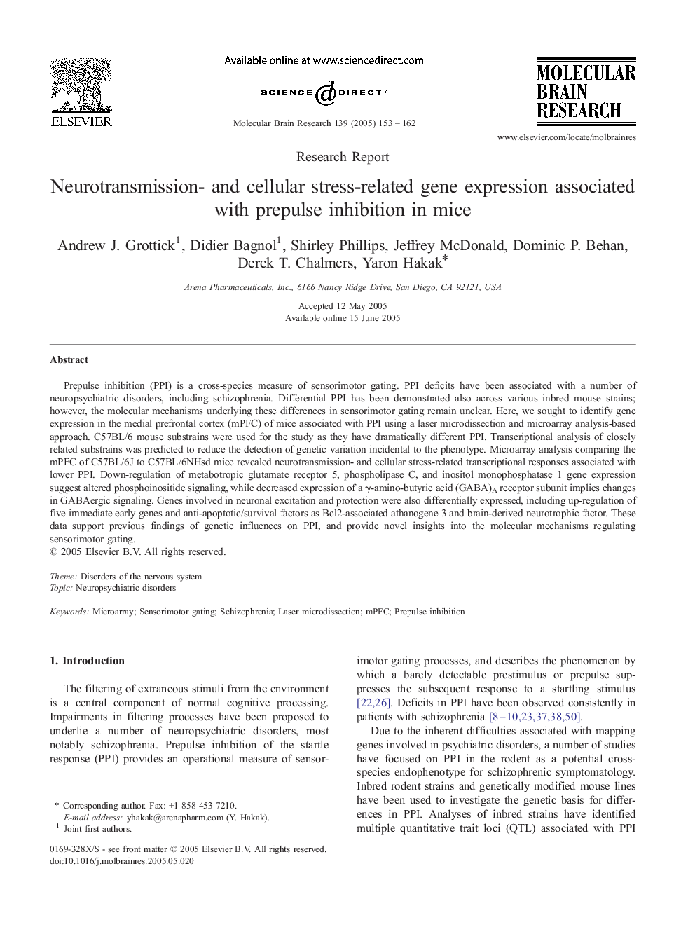 Neurotransmission- and cellular stress-related gene expression associated with prepulse inhibition in mice