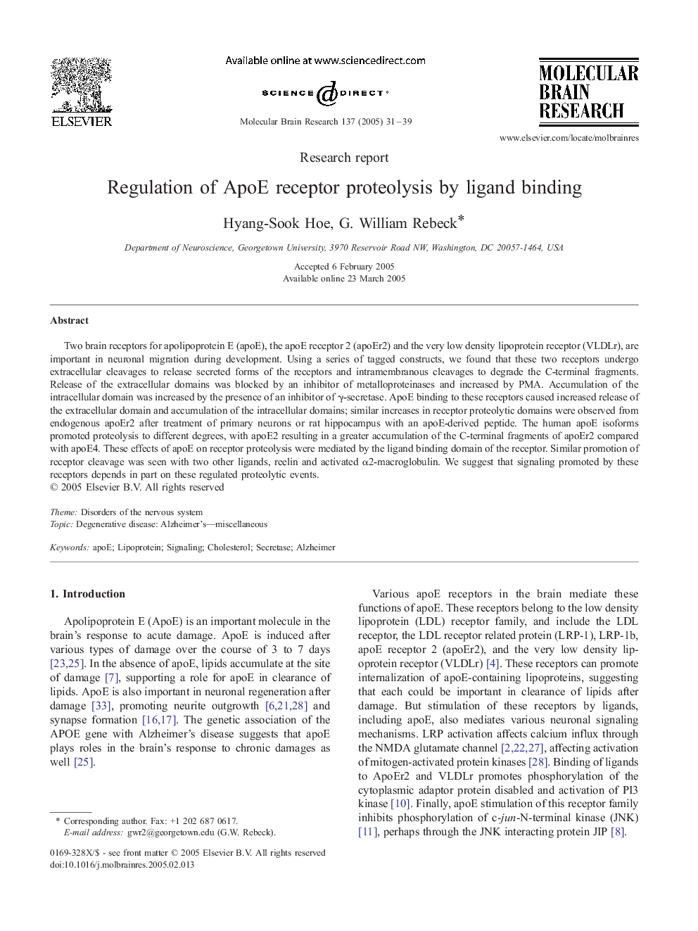 عکس صفحه اول مقاله: Regulation of ApoE receptor proteolysis by ligand binding Regulation of ApoE receptor proteolysis by ligand binding