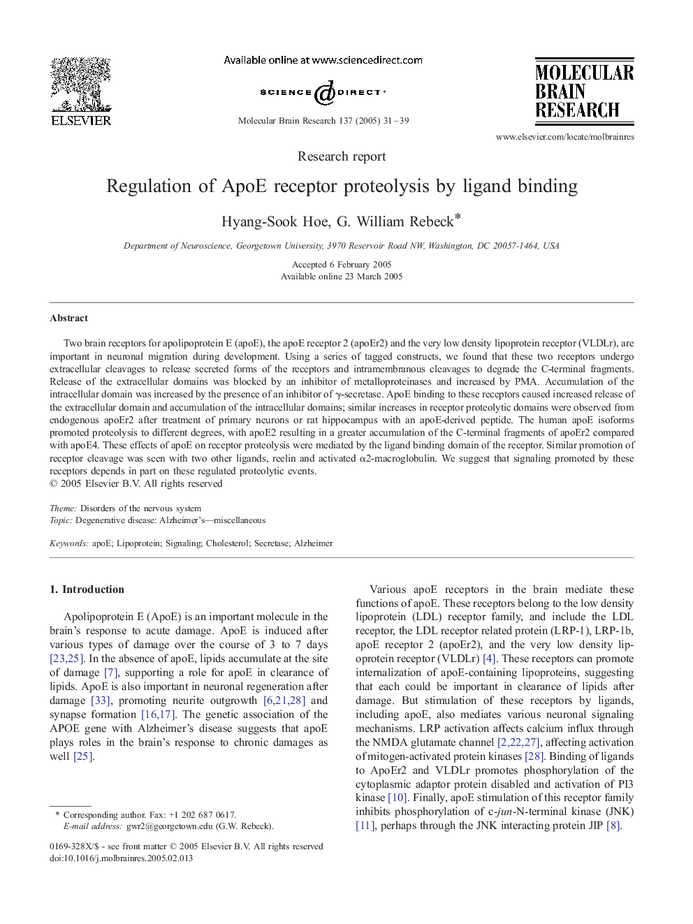 Regulation of ApoE receptor proteolysis by ligand binding