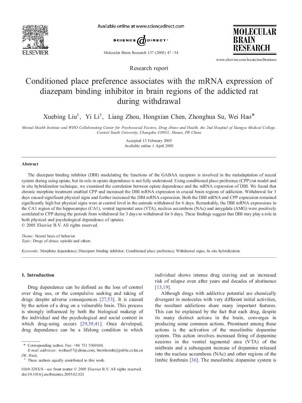 Conditioned place preference associates with the mRNA expression of diazepam binding inhibitor in brain regions of the addicted rat during withdrawal