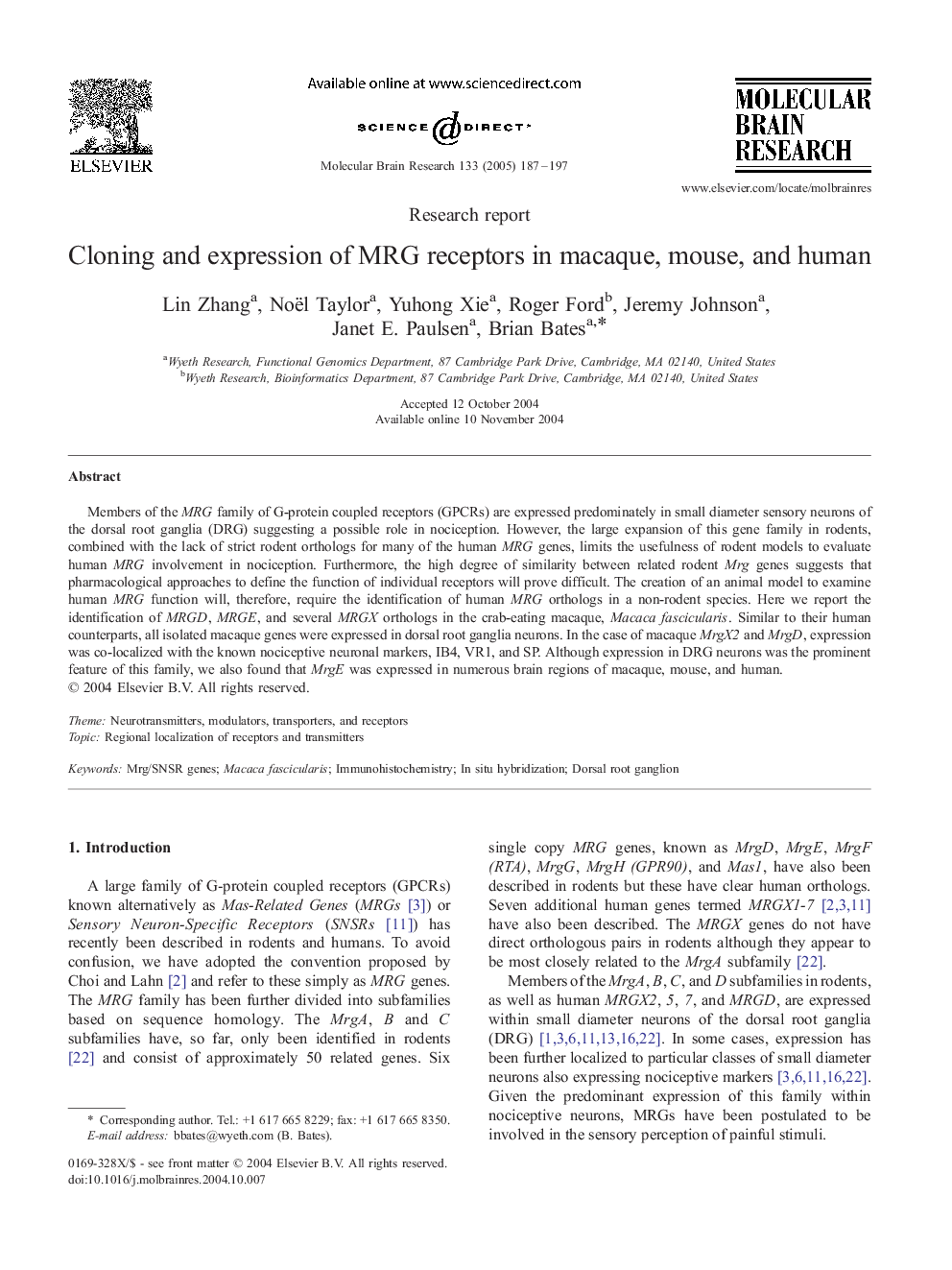 Cloning and expression of MRG receptors in macaque, mouse, and human