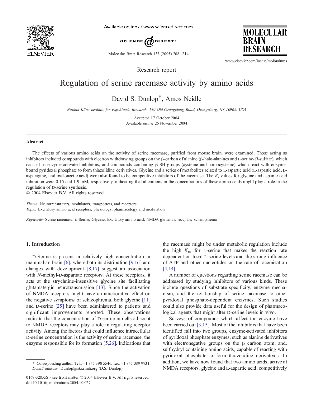 Regulation of serine racemase activity by amino acids
