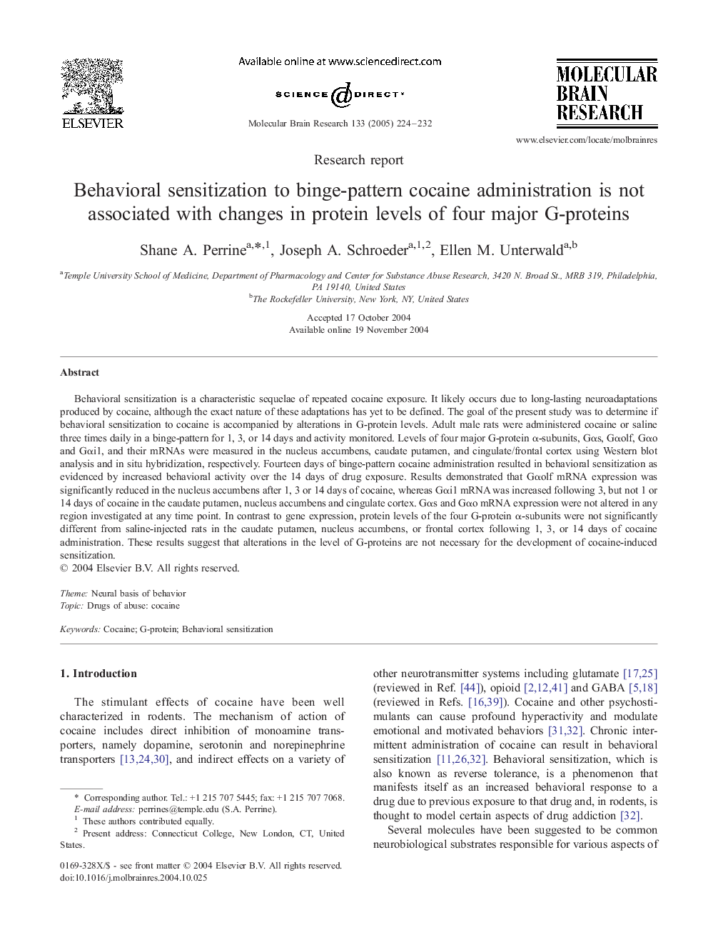 Behavioral sensitization to binge-pattern cocaine administration is not associated with changes in protein levels of four major G-proteins