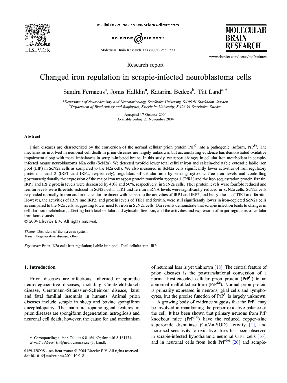 Changed iron regulation in scrapie-infected neuroblastoma cells