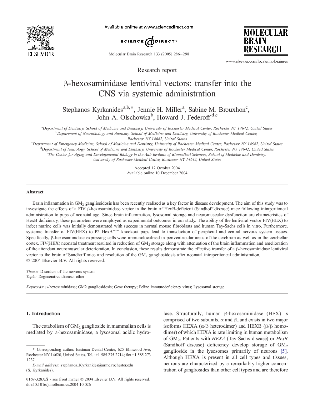 Î²-hexosaminidase lentiviral vectors: transfer into the CNS via systemic administration