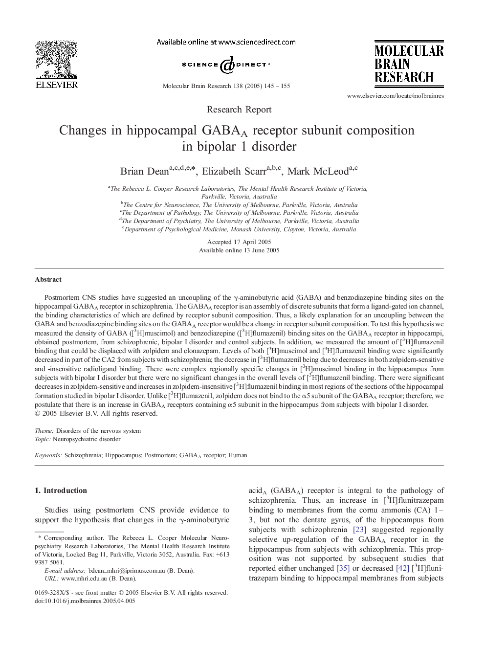 Changes in hippocampal GABAA receptor subunit composition in bipolar 1 disorder