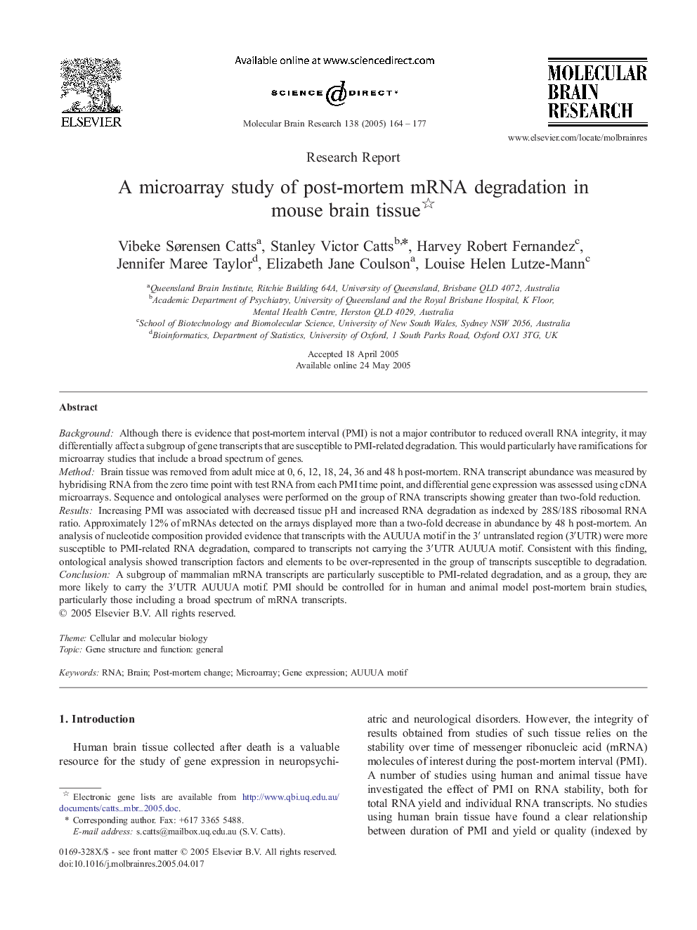 A microarray study of post-mortem mRNA degradation in mouse brain tissue