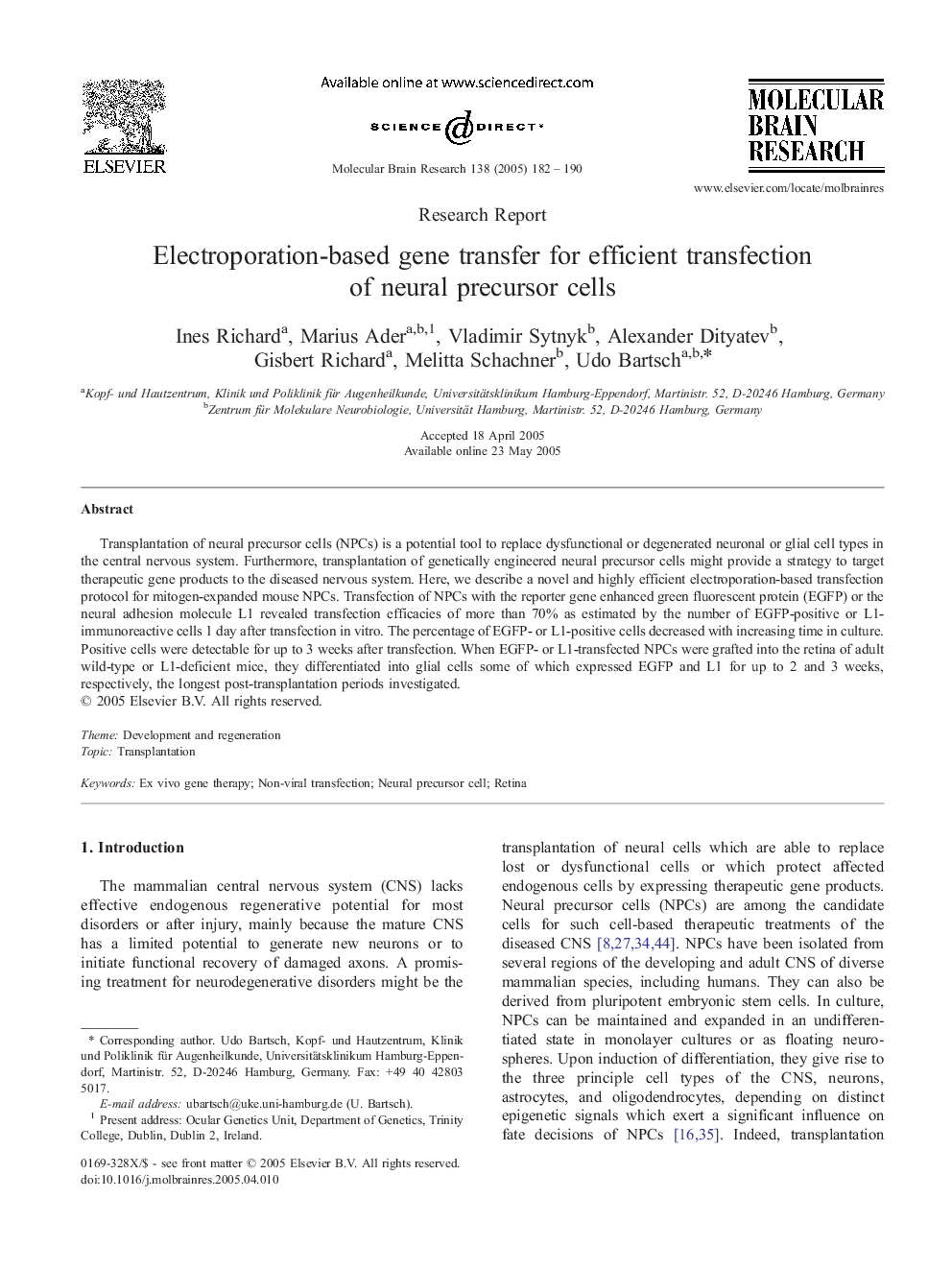 Electroporation-based gene transfer for efficient transfection of neural precursor cells