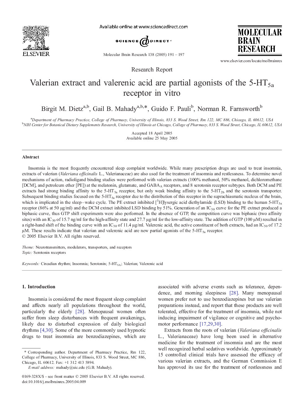 Valerian extract and valerenic acid are partial agonists of the 5-HT5a receptor in vitro