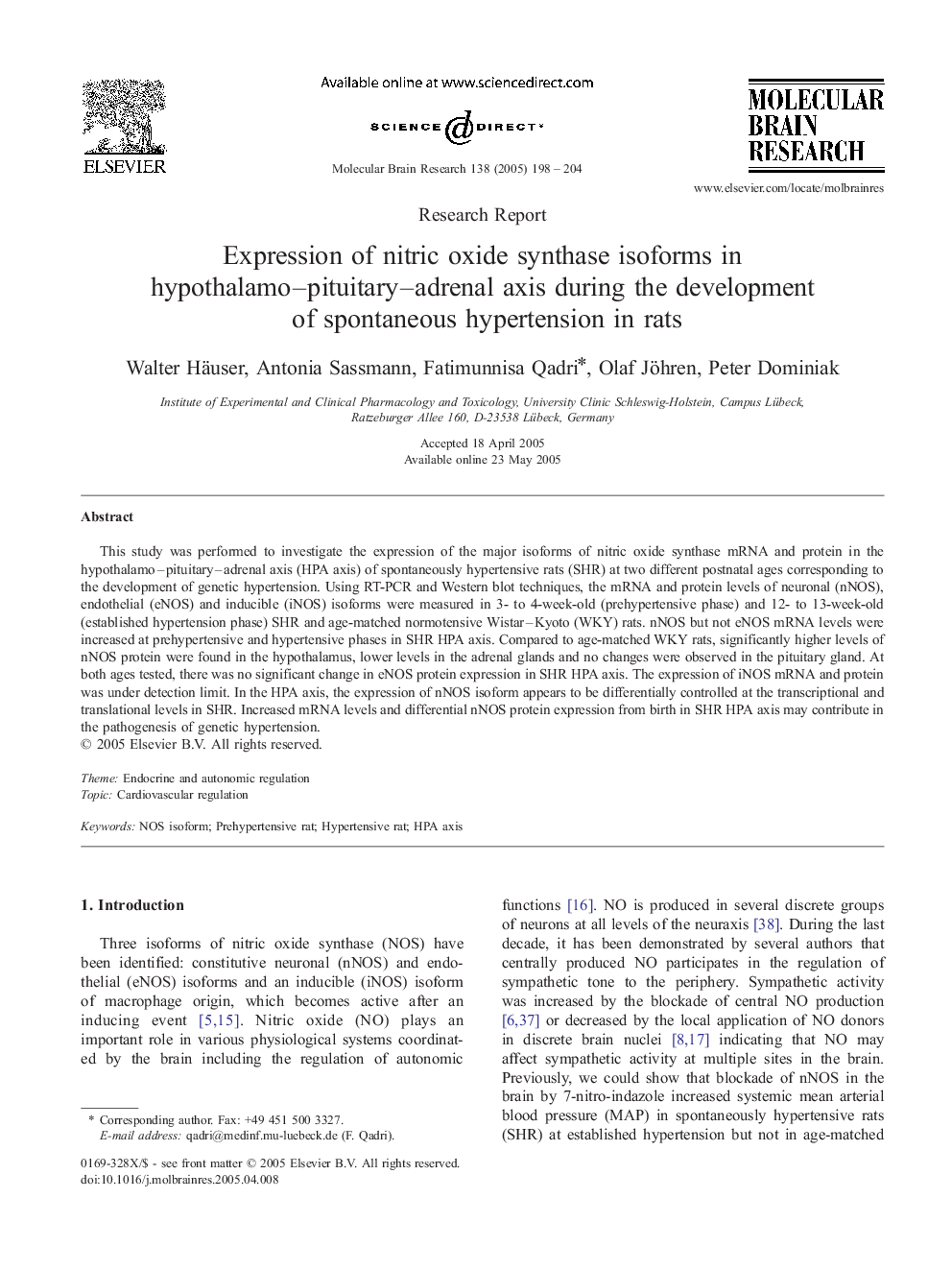 Expression of nitric oxide synthase isoforms in hypothalamo-pituitary-adrenal axis during the development of spontaneous hypertension in rats